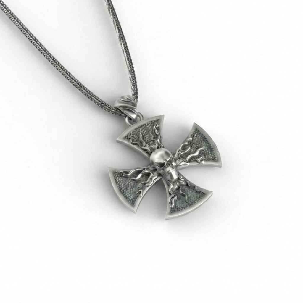 Oksitlenmiş Gümüş Kafatası Haç Kolye Gotik Alev Desenli Gösterişli Takı