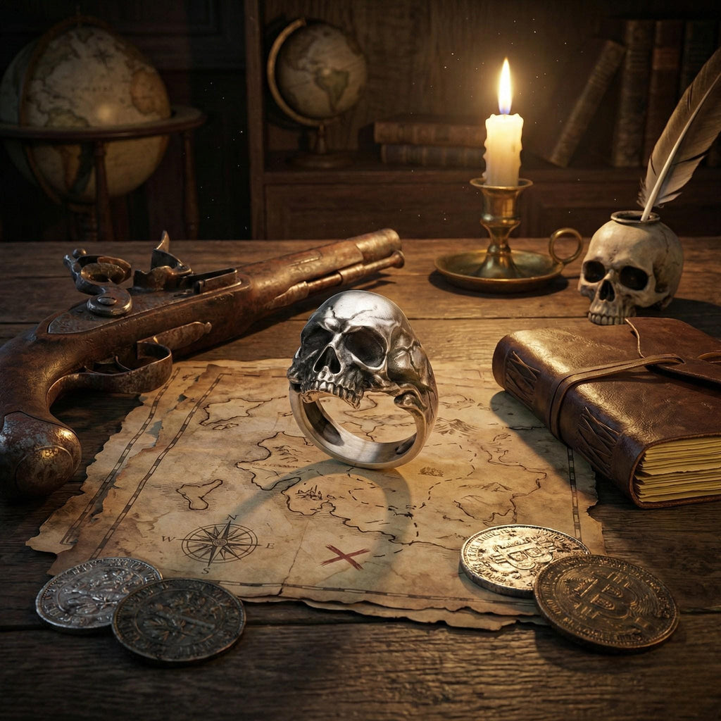 a pirate-themed scene with a skull ring, a map, a book, a candle, a gun, and coins.