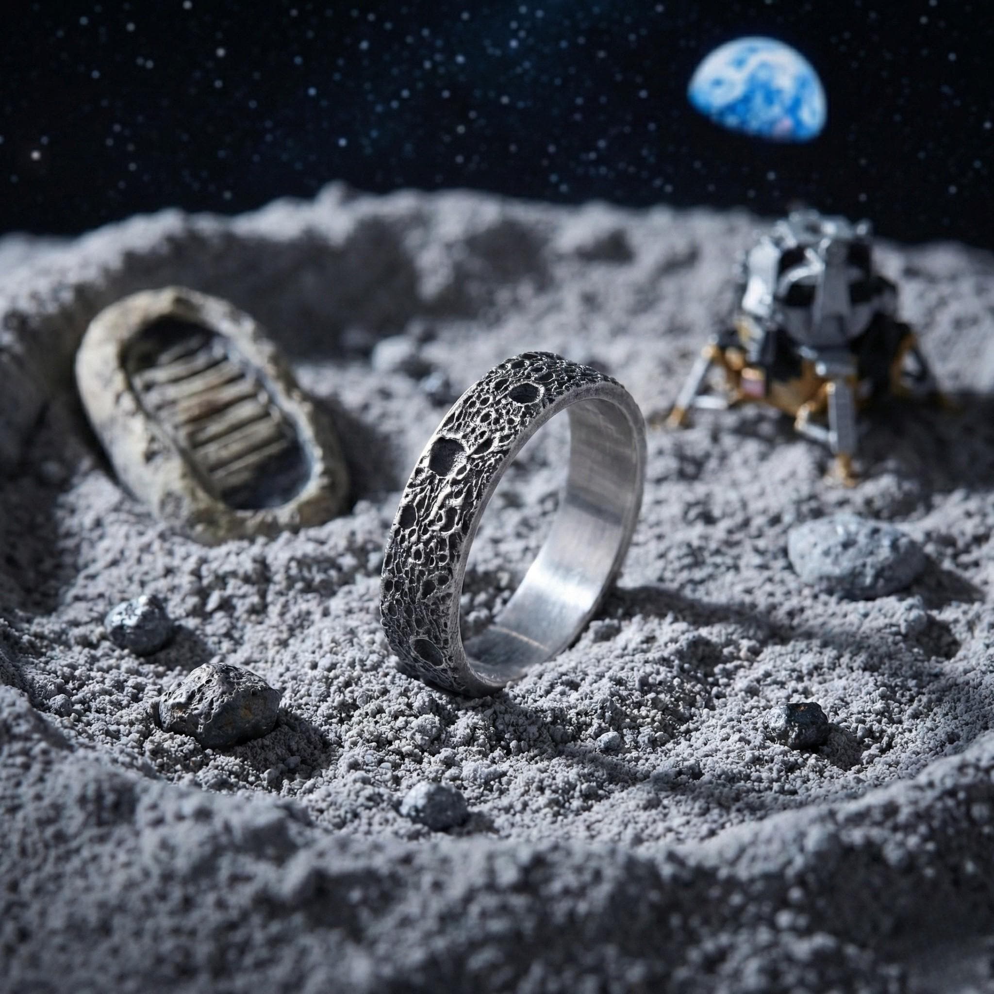 a ring placed on a rocky surface, with a lunar module and a rock formation in the background, all set against a starry night sky.
