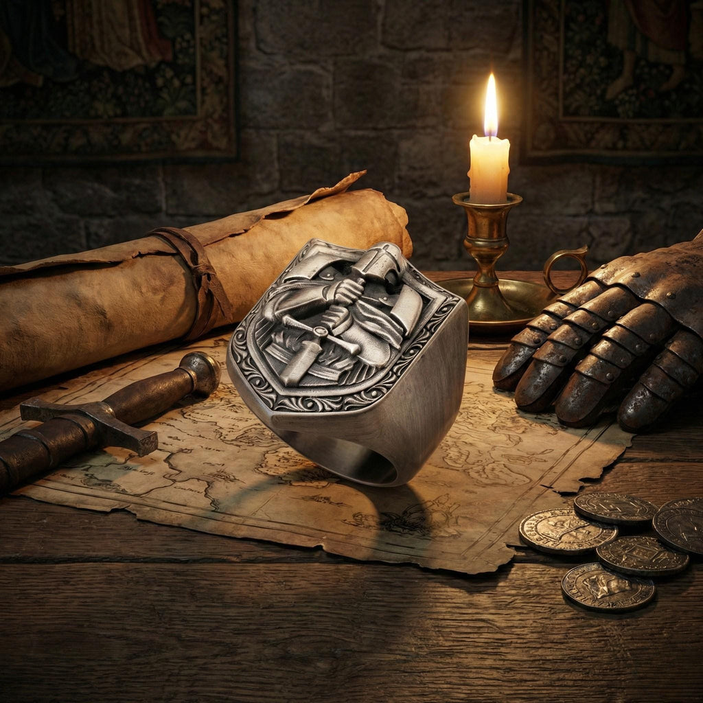 a ring with a sword design, a candle, a map, a sword, and some coins arranged on a wooden surface.