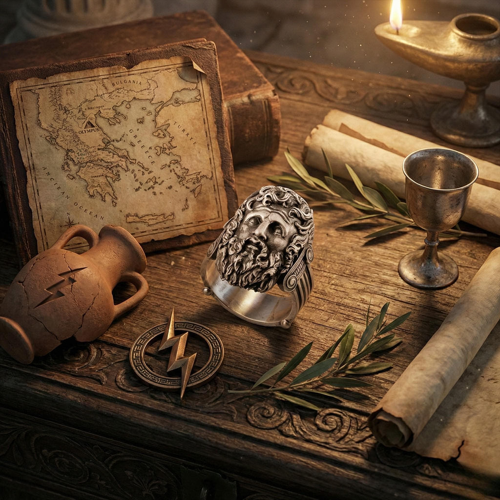 a collection of antique items, including a map, a ring, a vase, a scroll, and a candle, all arranged on a wooden surface.