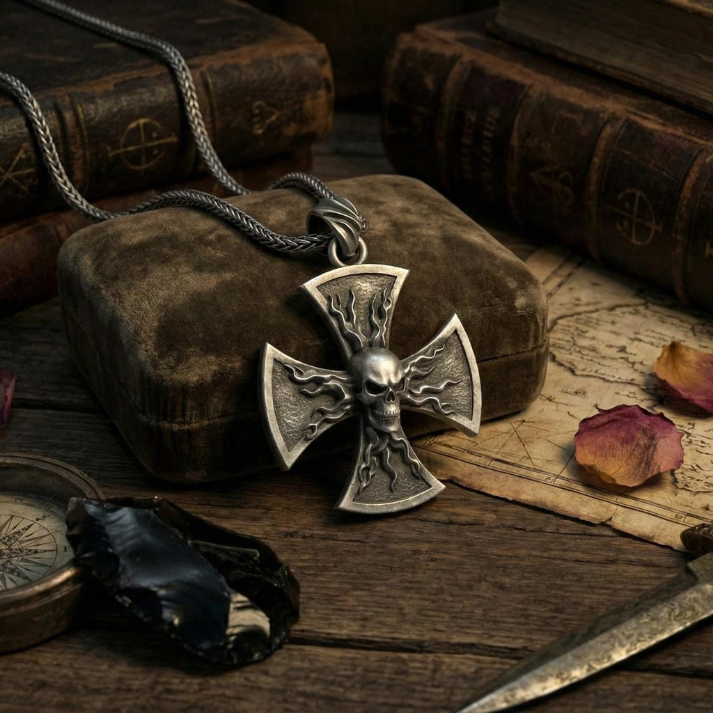Oksitlenmiş Gümüş Kafatası Haç Kolye Gotik Alev Desenli Gösterişli Takı