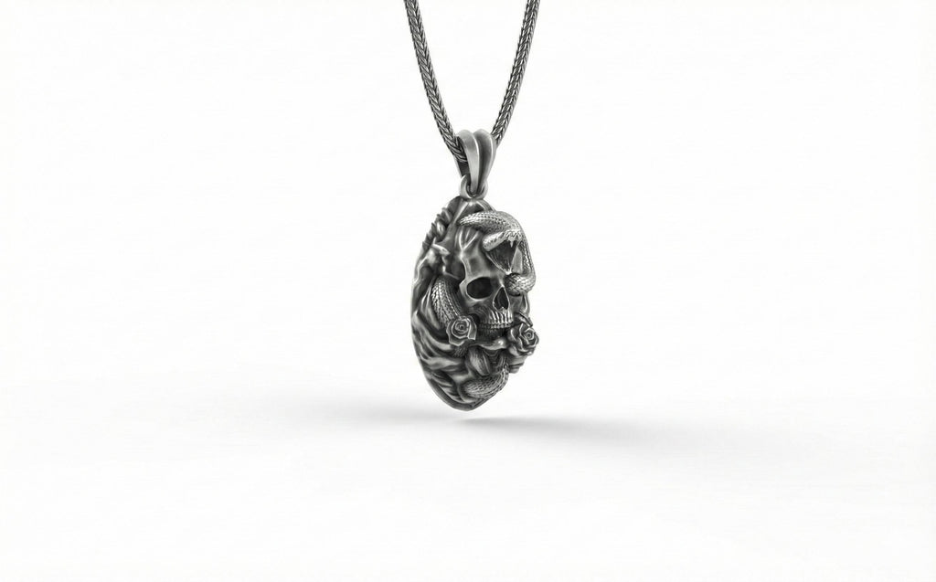 Gümüş Yılan Ve Kafatası Kolye Gotik Tak