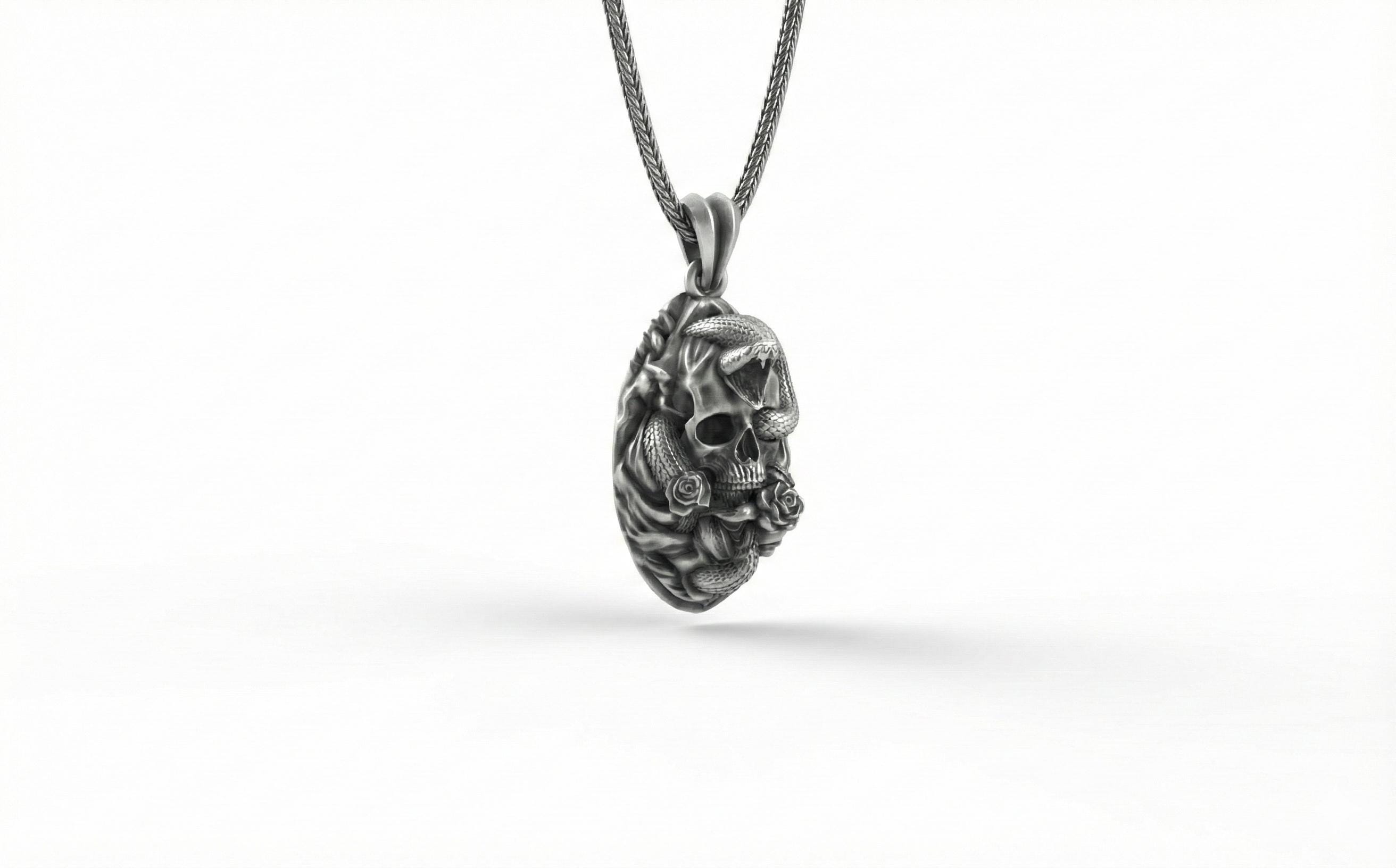 Gümüş Yılan Ve Kafatası Kolye Gotik Tak