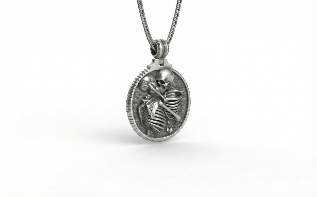 Gümüş Sarılan İskelet Çift Kolye Gotik Takı