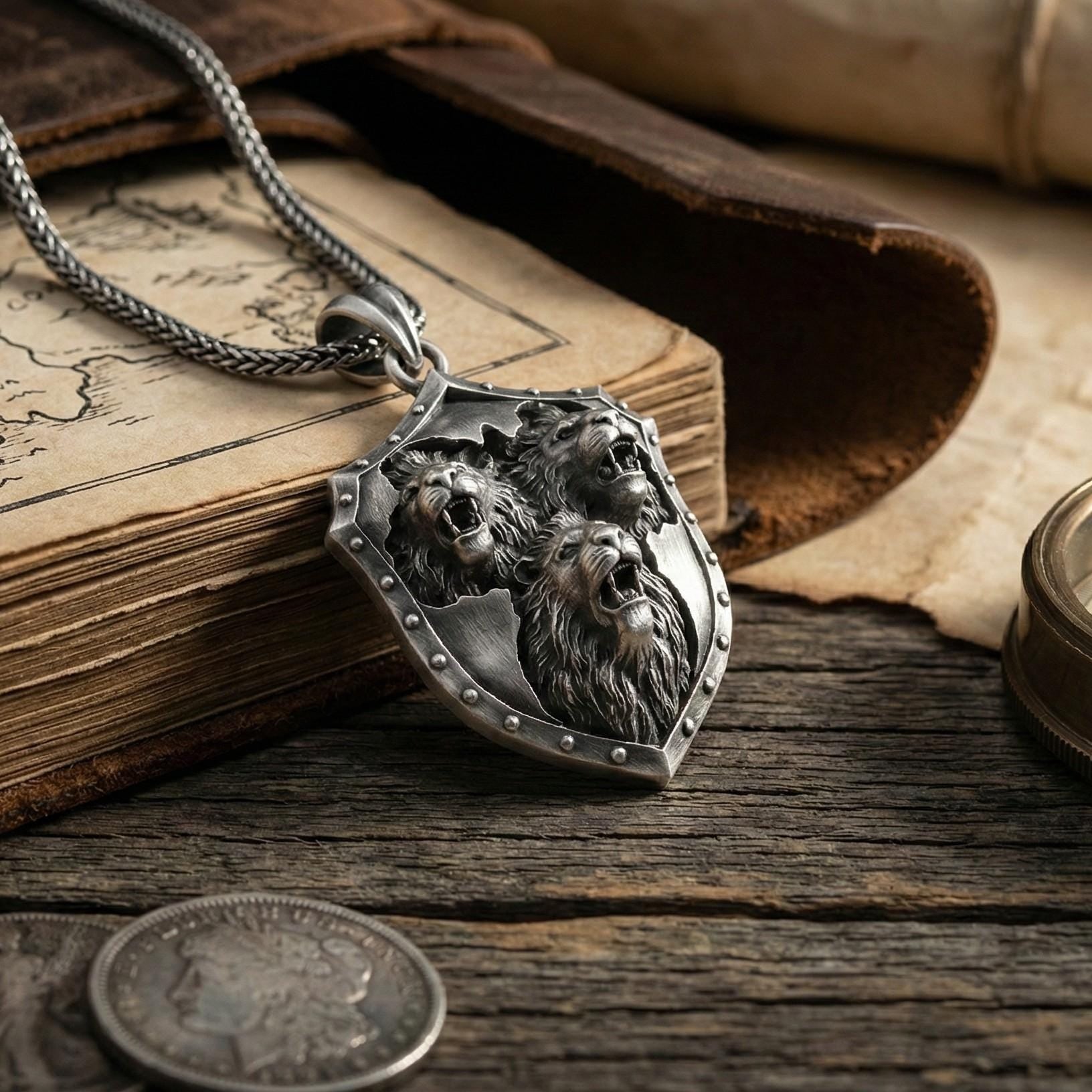 Üç Aslan Kalkan Kolye Ucu Oksitlenmiş Gümüş Takı