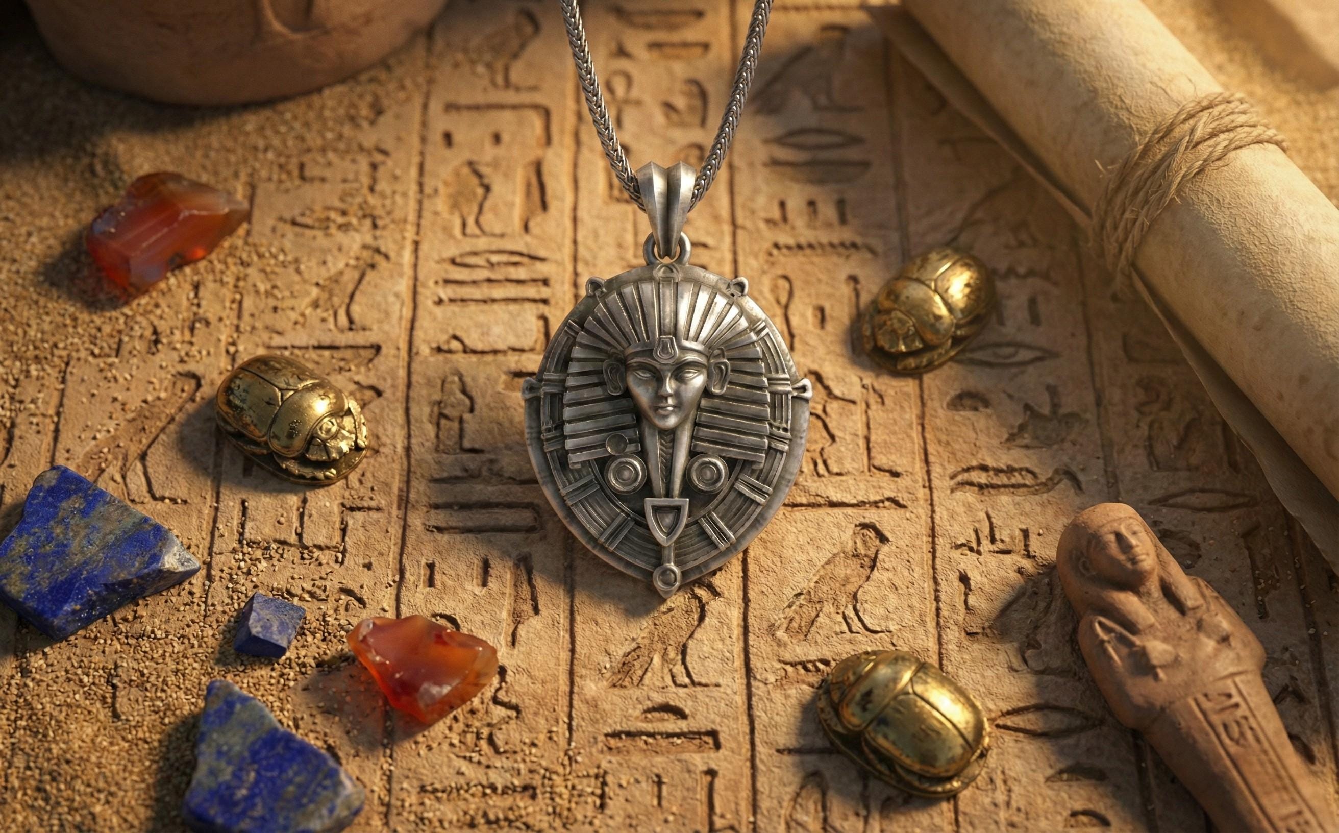 Gümüş Mısır Firavunu Kolye Antik Sembol Madalyon Takı