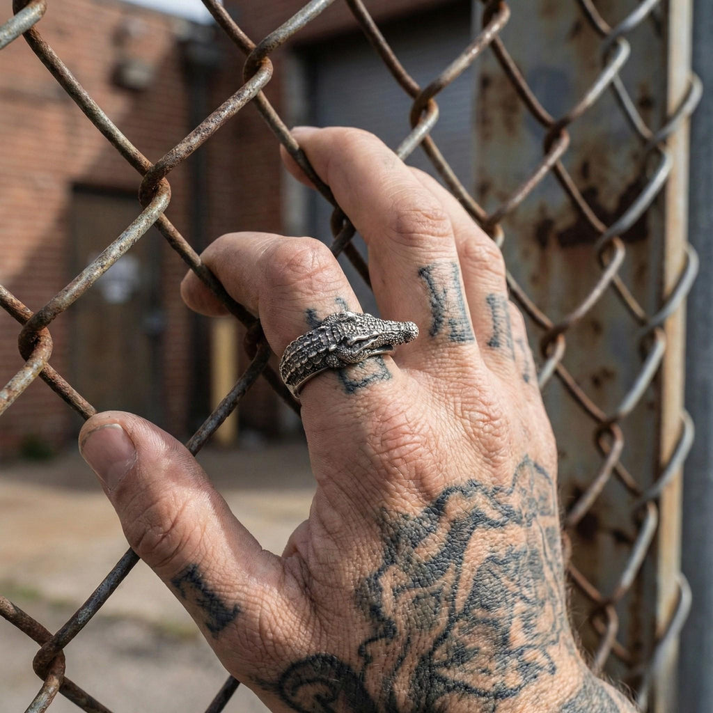 A tattooed hand wearing a ring is seen through a chain-link fence, with a brick building visible in the background.