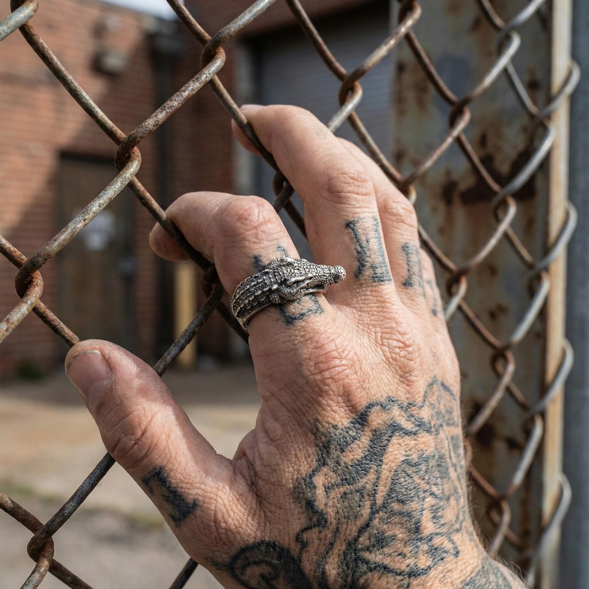 A tattooed hand wearing a ring is seen through a chain-link fence, with a brick building visible in the background.