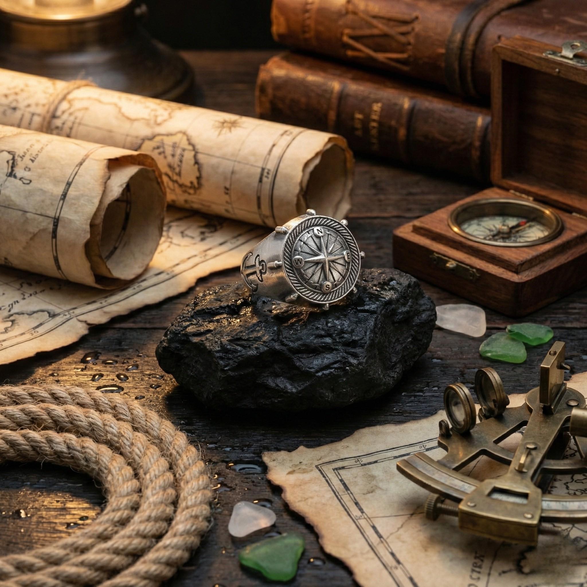 a collection of antique items, including a silver ring, a compass, a map, and a book, all arranged on a wooden surface.