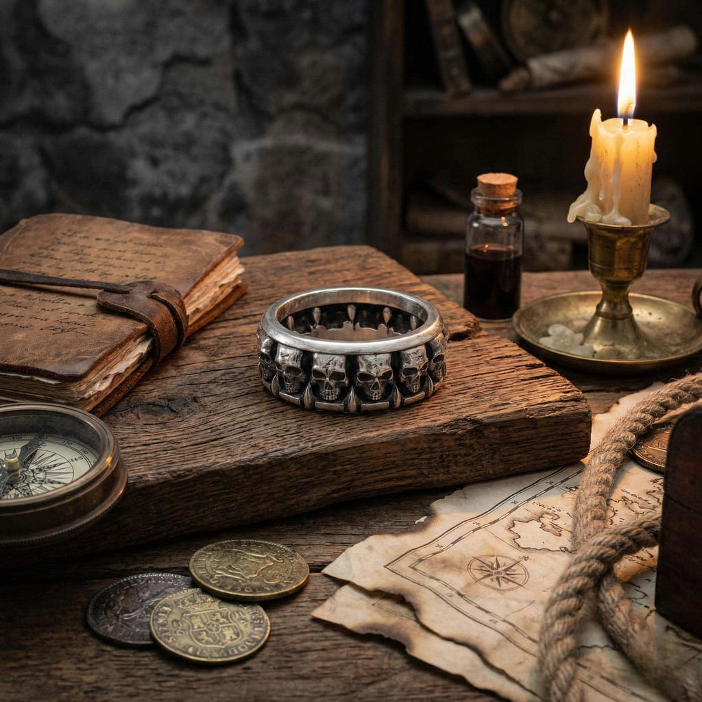 a collection of antique items, including a silver skull-emblazoned ring, a candle, a book, a compass, and some coins, all arranged on a wooden surface.