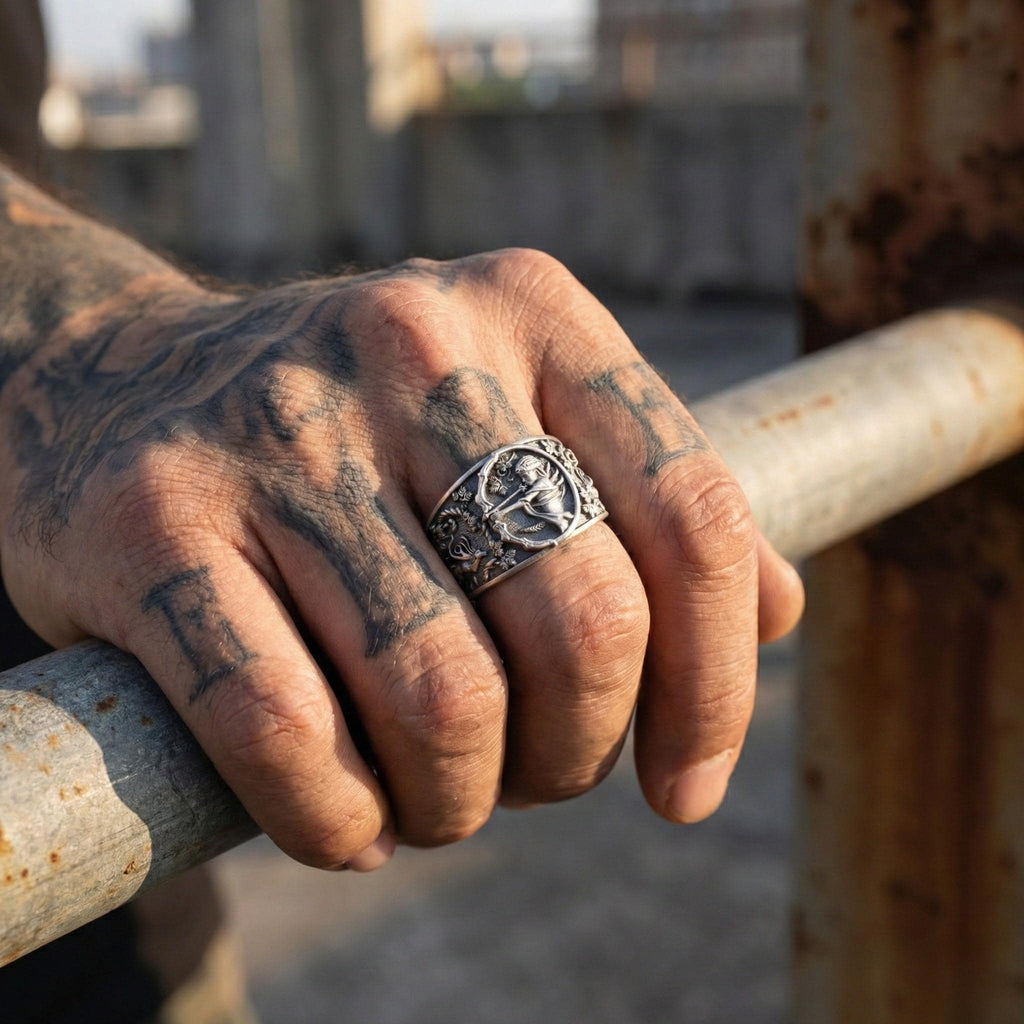A close-up of a person's hand wearing a silver ring, with tattoos visible on the fingers.