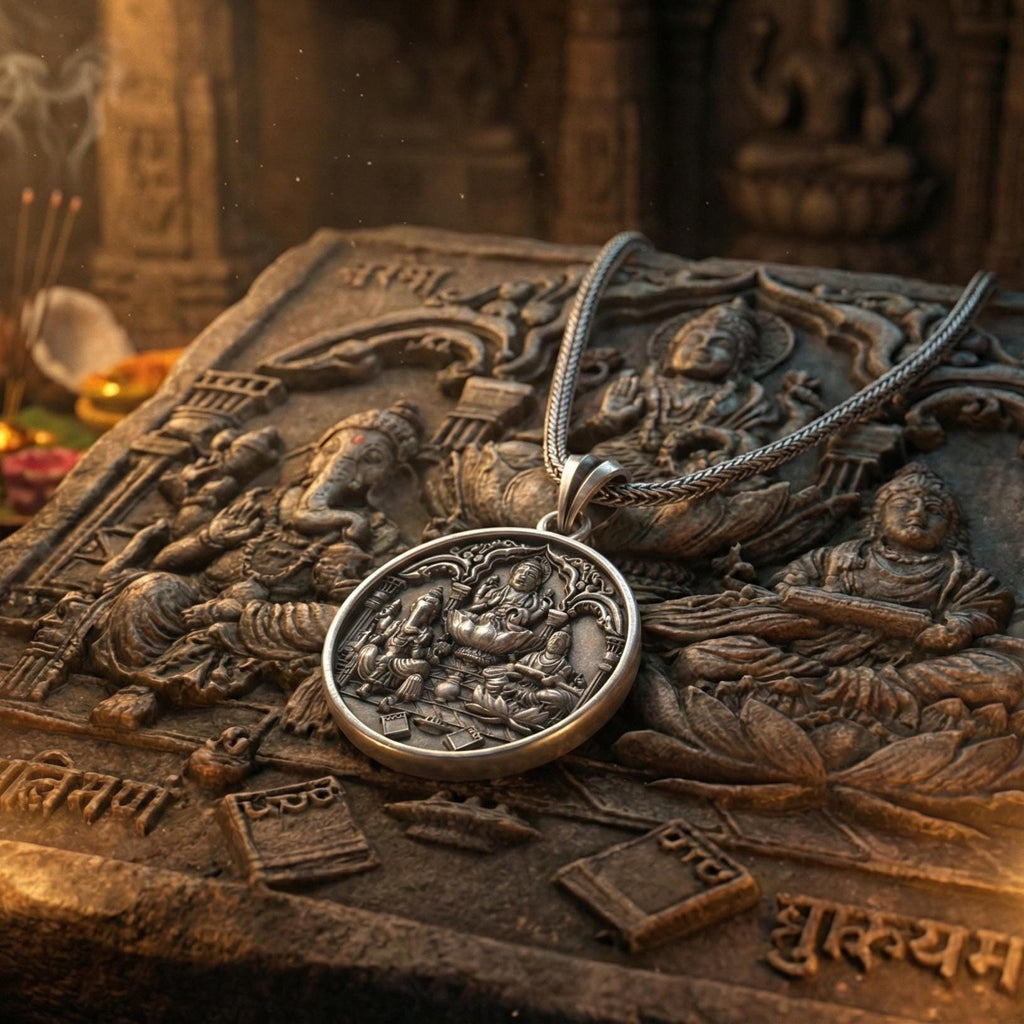 Lakshmi Ganesh Saraswati Kolyesi Oksitlenmiş Gümüş Hindu Takısı