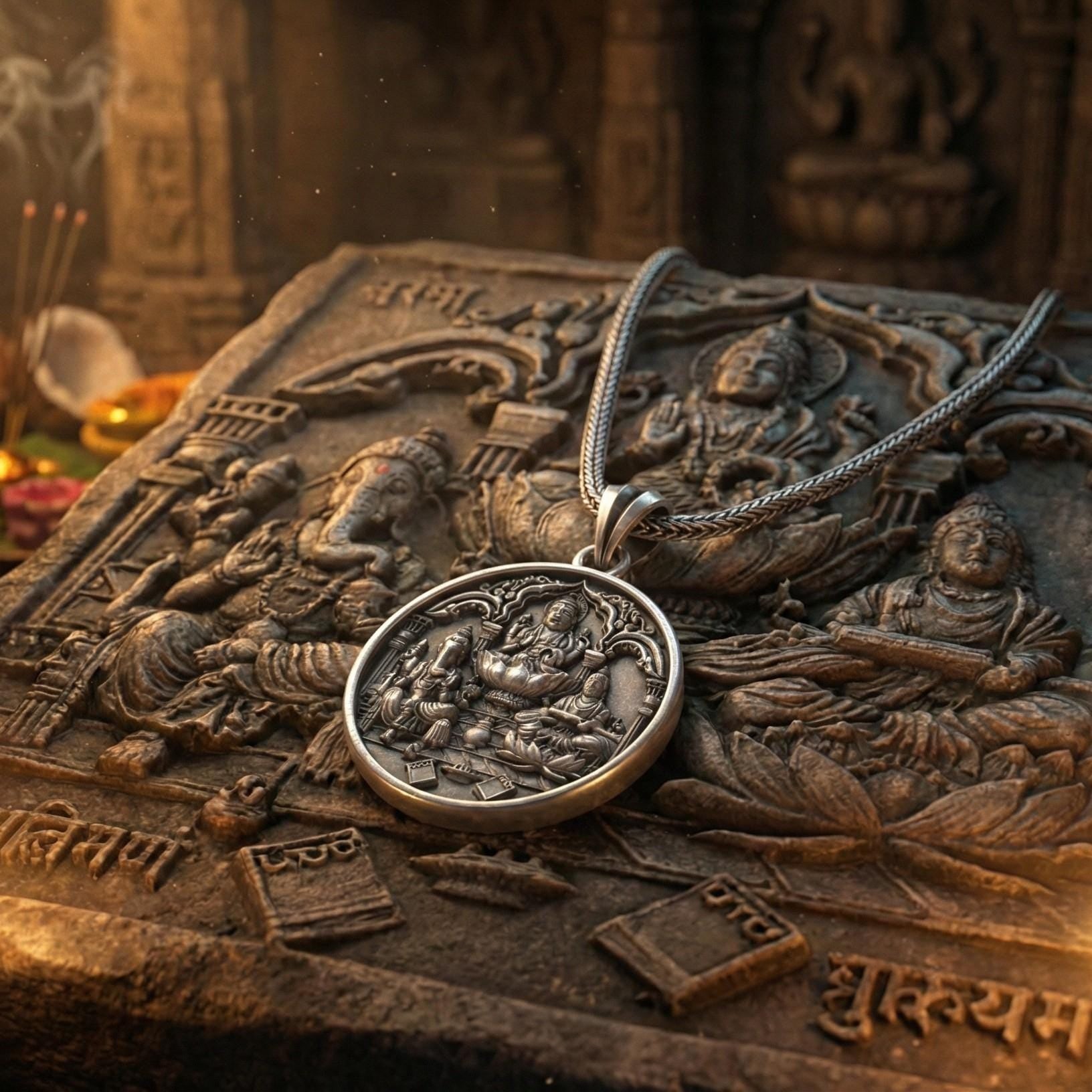 Lakshmi Ganesh Saraswati Kolyesi Oksitlenmiş Gümüş Hindu Takısı