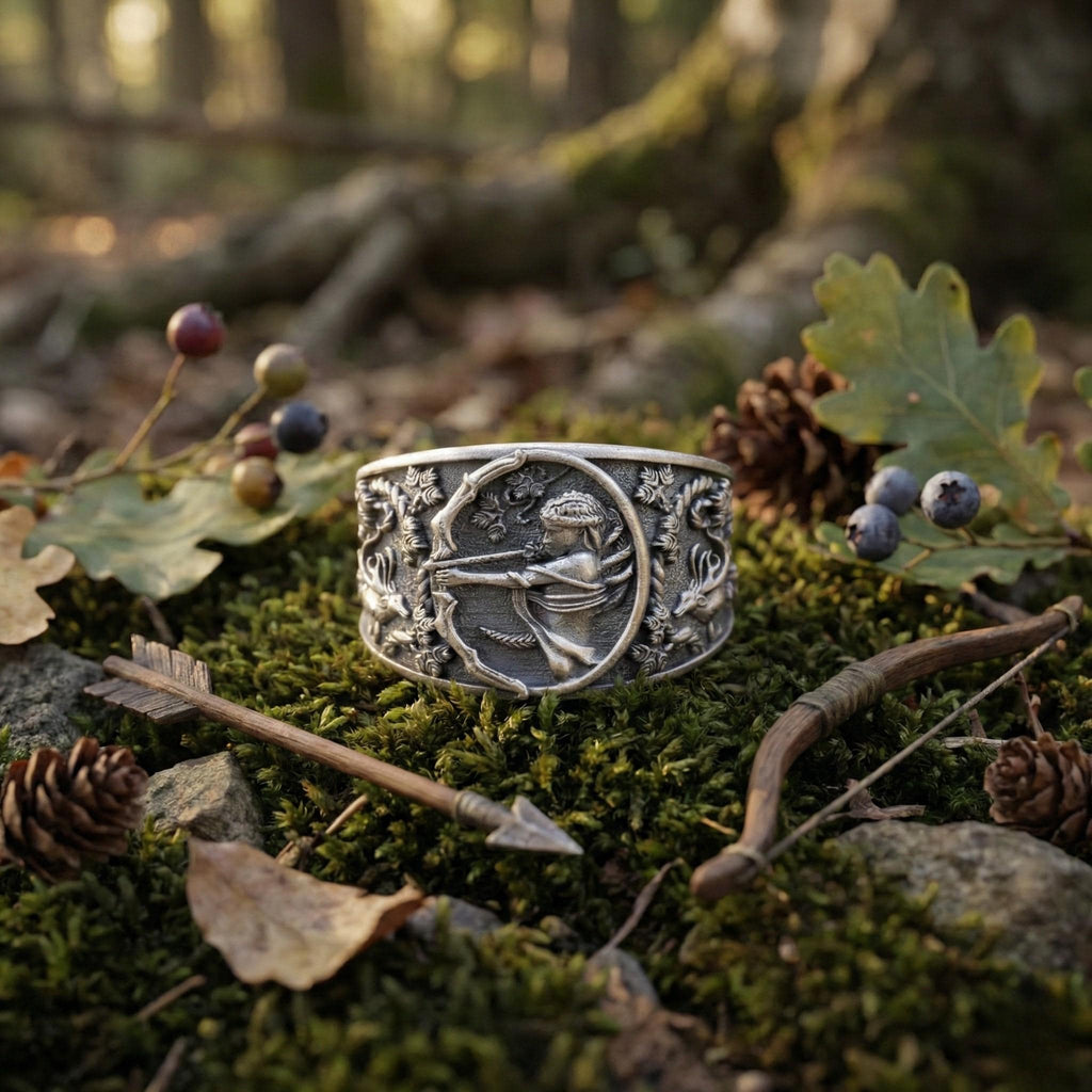 A silver bracelet with an intricate design sits on a bed of moss and pine cones, surrounded by leaves and berries in a forest setting.