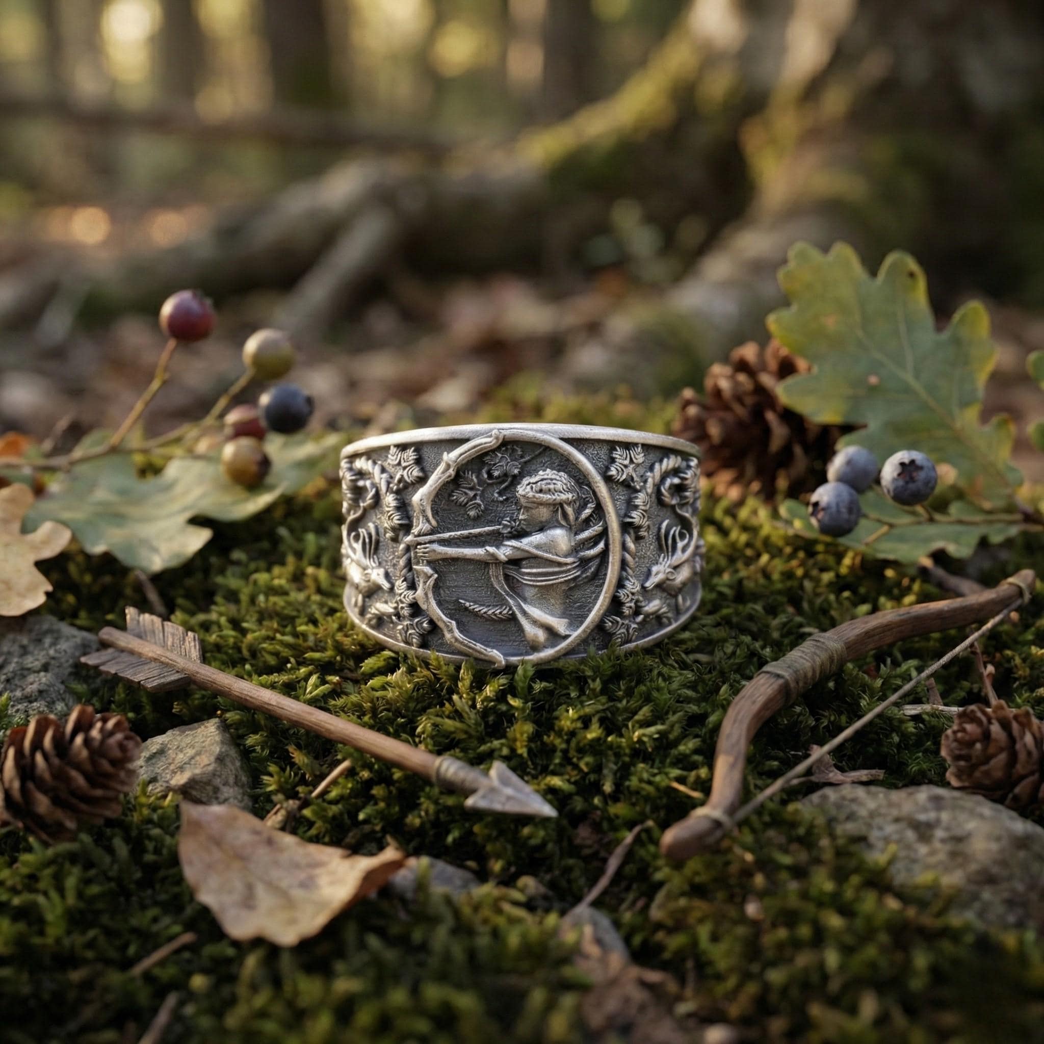 A silver bracelet with an intricate design sits on a bed of moss and pine cones, surrounded by leaves and berries in a forest setting.