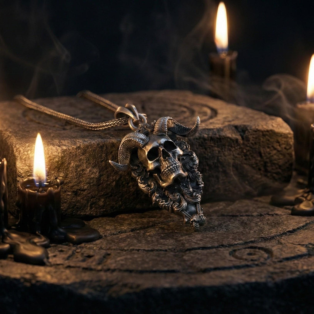 Boynuzlu Şeytan Kafatası Gümüş Kolye