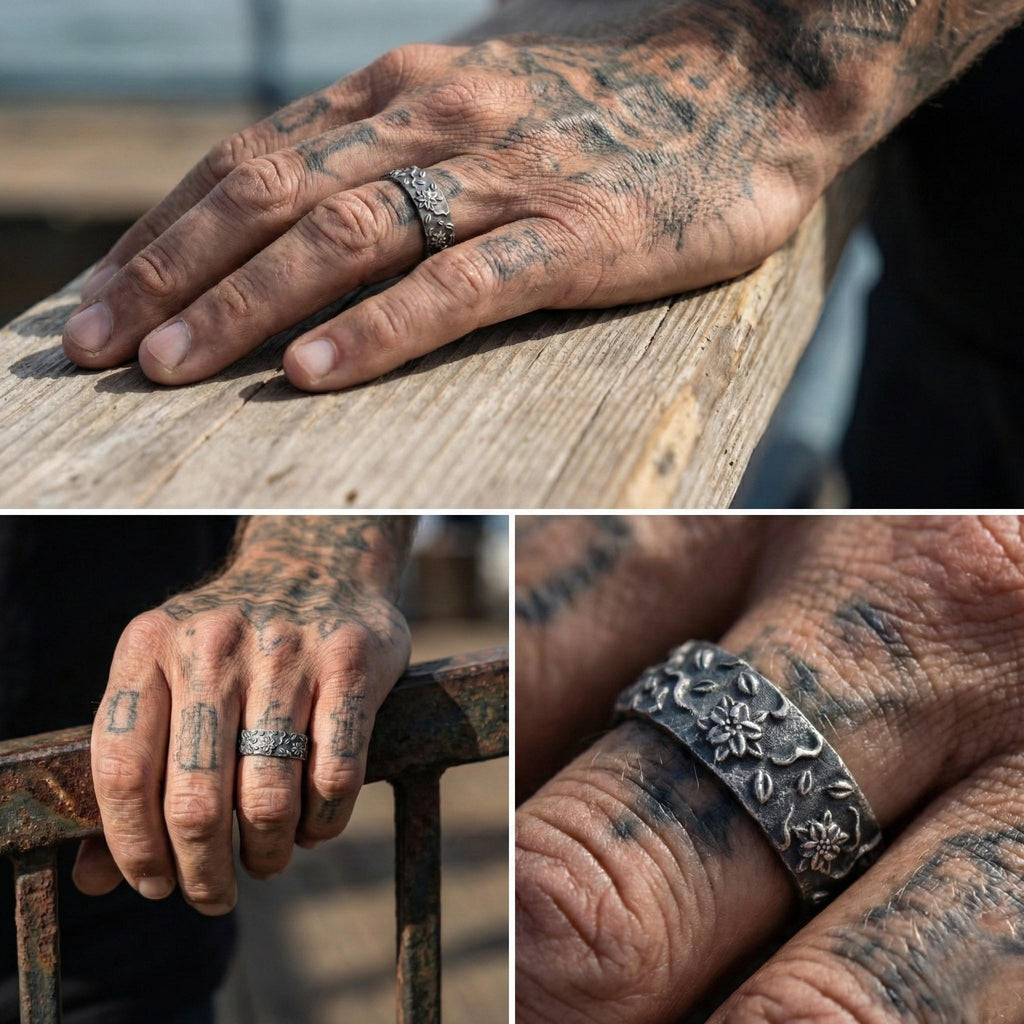 The image is a collage of three close-up photos of a person's hand with tattoos on the fingers and a ring on one of the fingers.