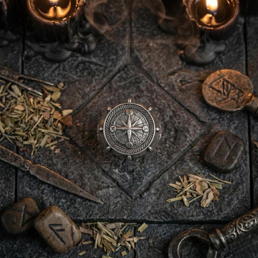 a collection of various objects, including a compass, candles, and what appear to be herbs or spices, arranged on a dark surface.