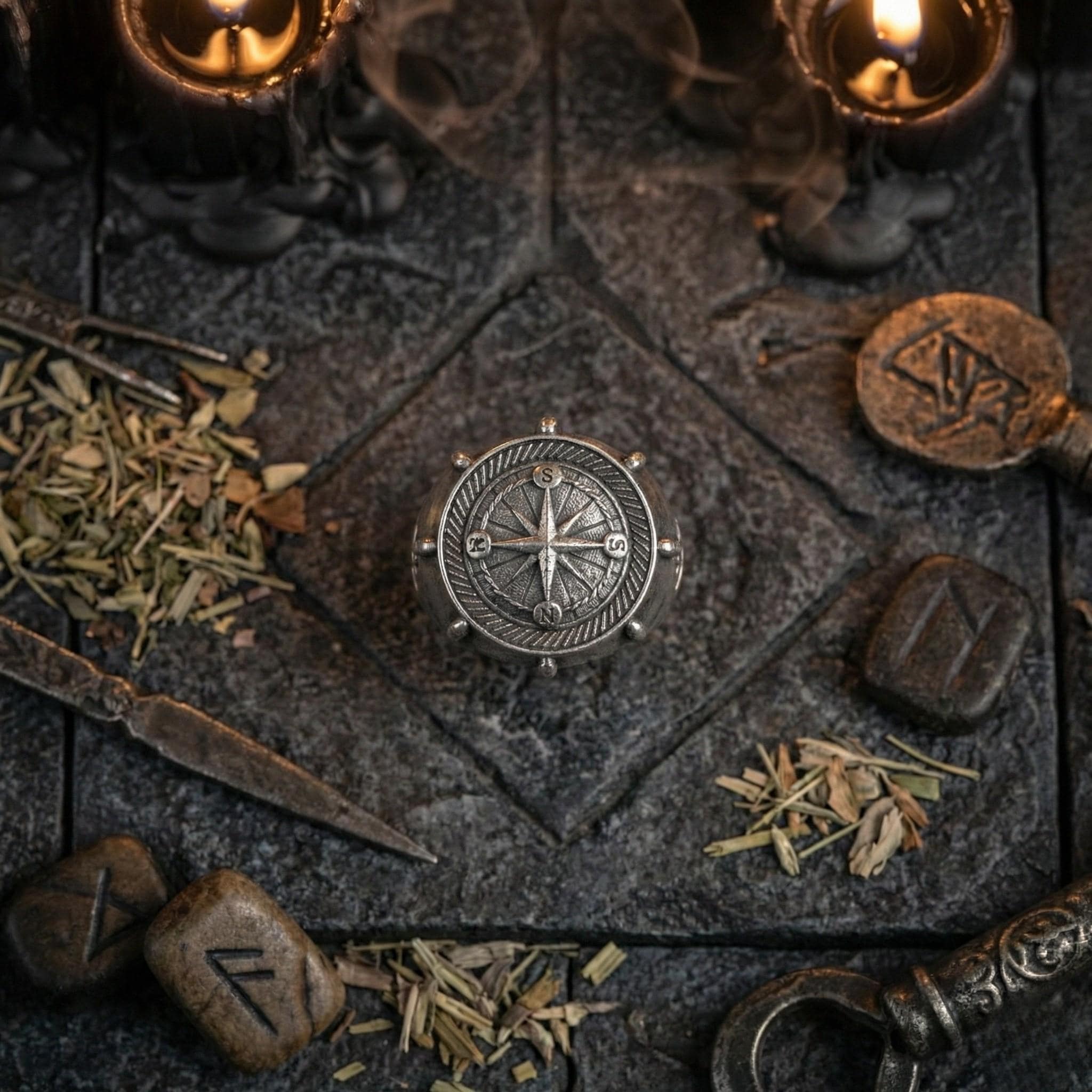 a collection of various objects, including a compass, candles, and what appear to be herbs or spices, arranged on a dark surface.