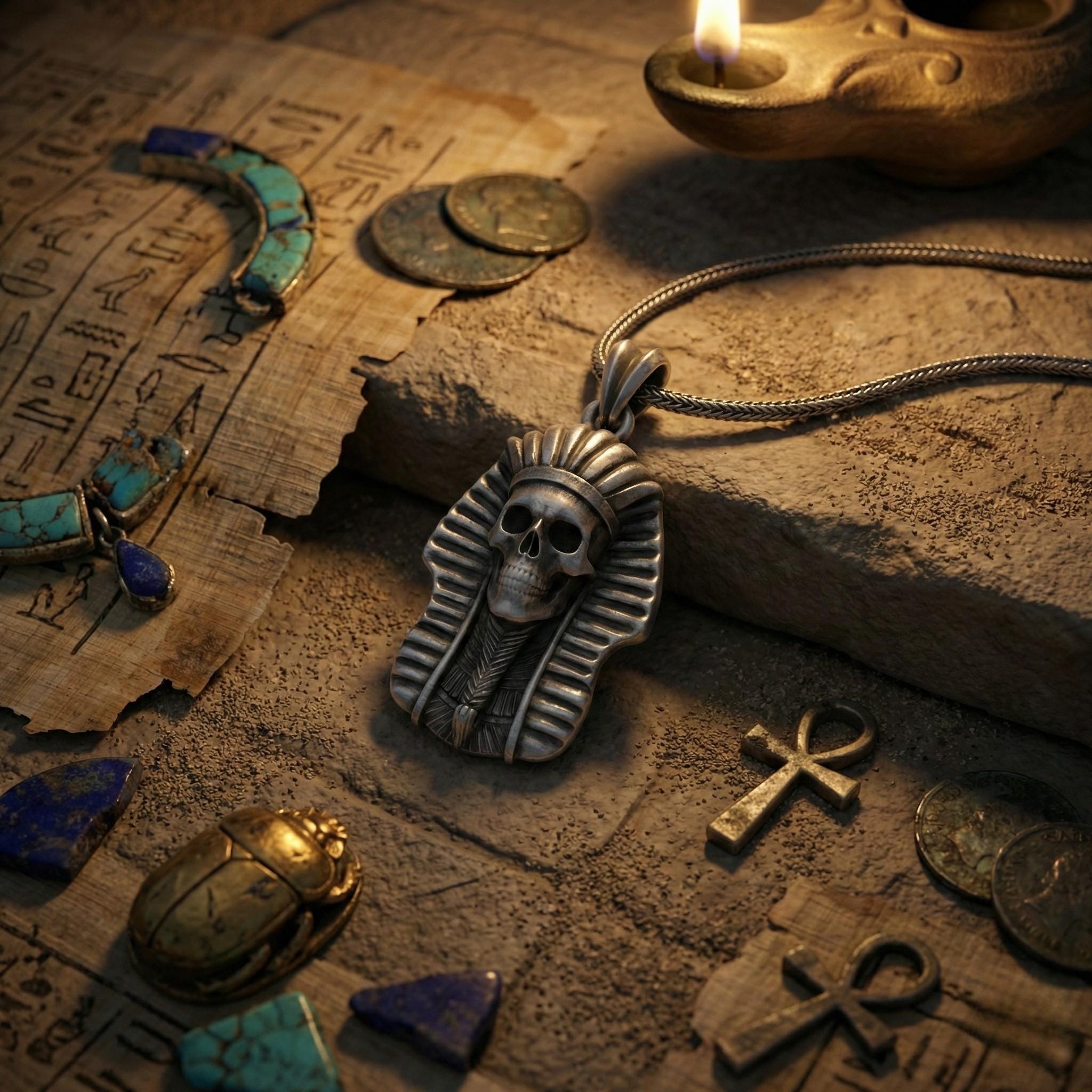 Mısır Firavunu Kafatası Kolye Ucu Oksitlenmiş Gümüş Mısır Mitolojisi Temalı Takı