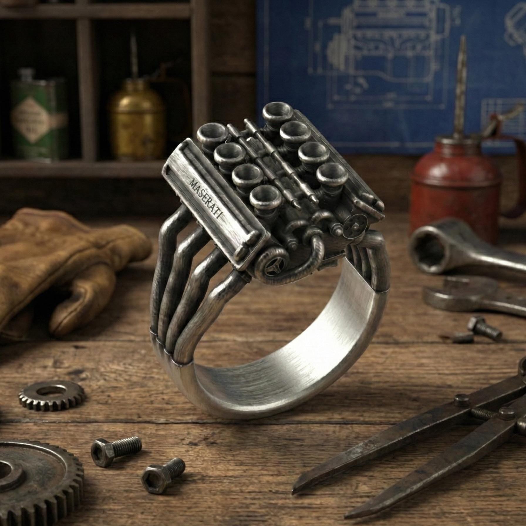 A silver ring with a complex mechanical design sits on a wooden table surrounded by various tools and equipment, including a wrench, a pair of pliers, and a pair of scissors.
