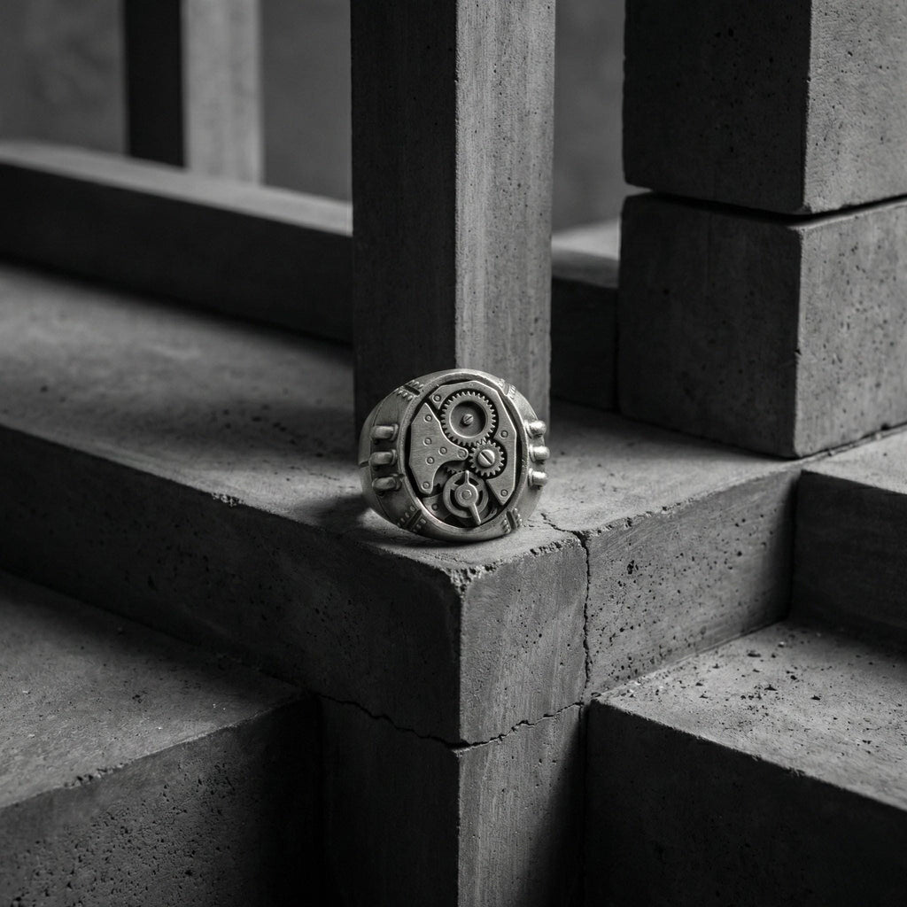 A silver ring with a mechanical design sits on a concrete surface, surrounded by a geometric pattern of concrete blocks.