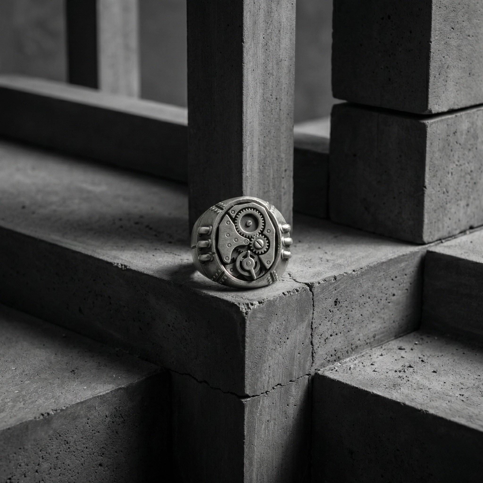 A silver ring with a mechanical design sits on a concrete surface, surrounded by a geometric pattern of concrete blocks.