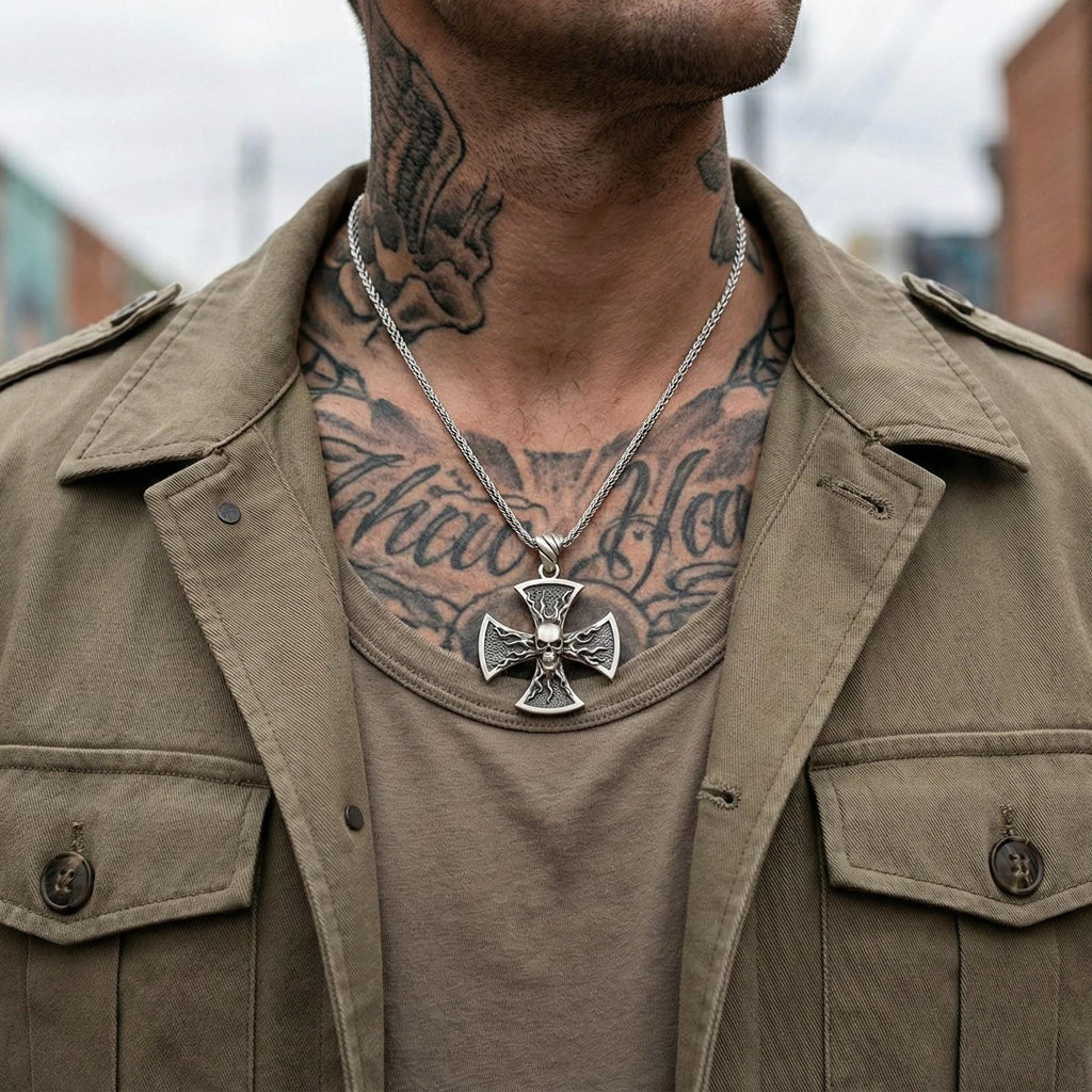 Oksitlenmiş Gümüş Kafatası Haç Kolye Gotik Alev Desenli Gösterişli Takı