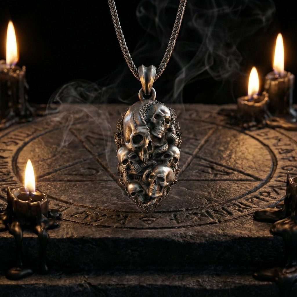 Gotik Kafatası Ve Yılan Temalı Gümüş Kolye
