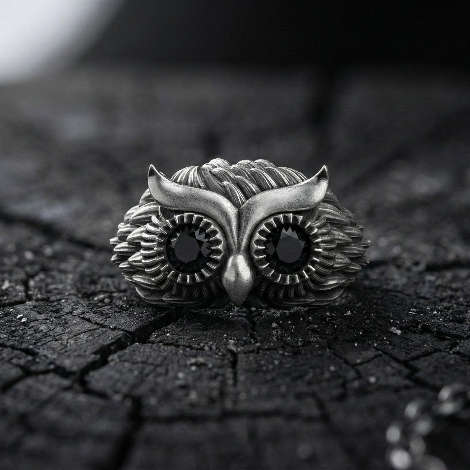 Gümüş Baykuş Yüzük – Gözleri Siyah Taş Detaylı Unisex Kuş Yüzük