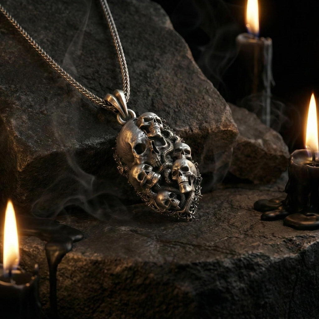 Gotik Kafatası Ve Yılan Temalı Gümüş Kolye