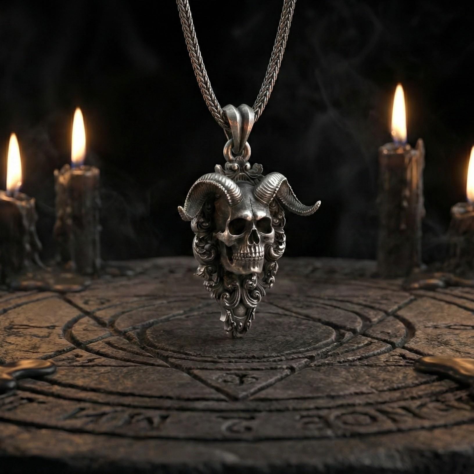 Boynuzlu Şeytan Kafatası Gümüş Kolye