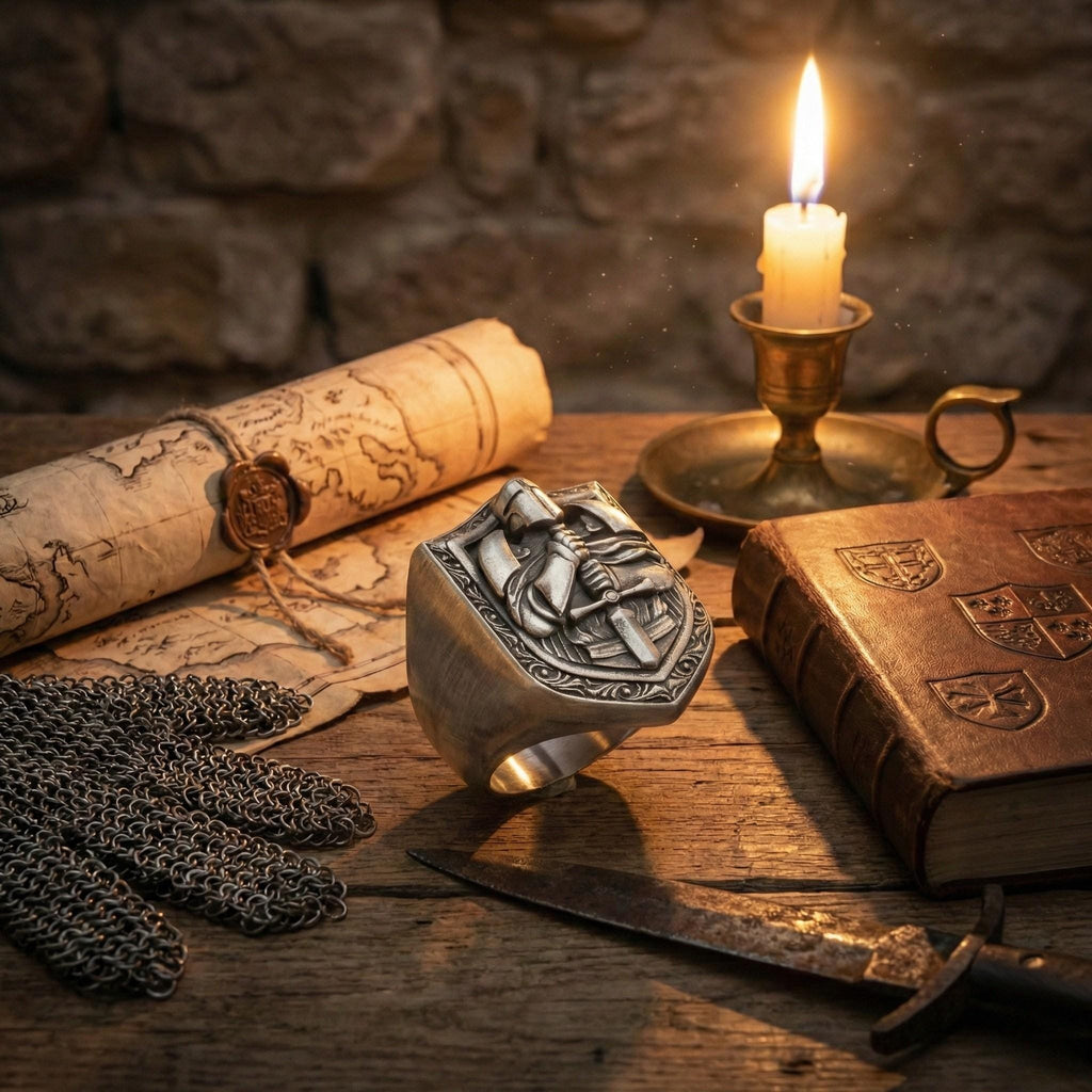 a collection of medieval-style items, including a map, a book, a ring, a sword, and a candle, all arranged on a wooden surface.