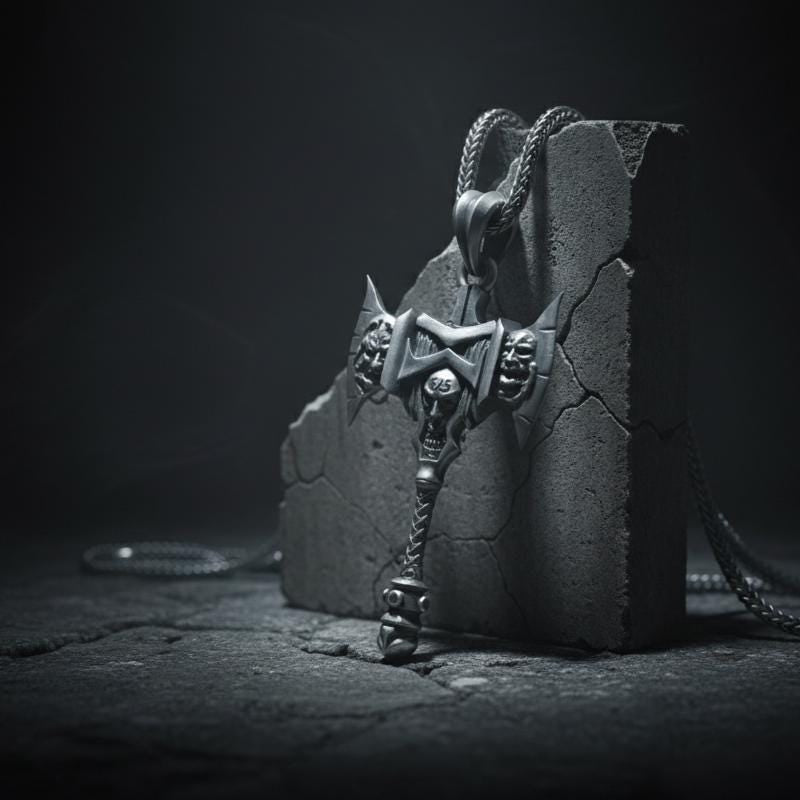 Savaş Baltası Kolye Ucu Oksitlenmiş Gümüş Kafatası Savaşçı Temalı Takı