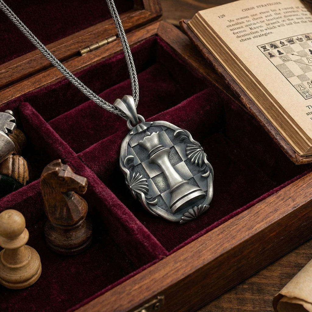 Antik Gümüş Satranç Vezir Kolye Ortaçağ Strateji Sembolü Takı