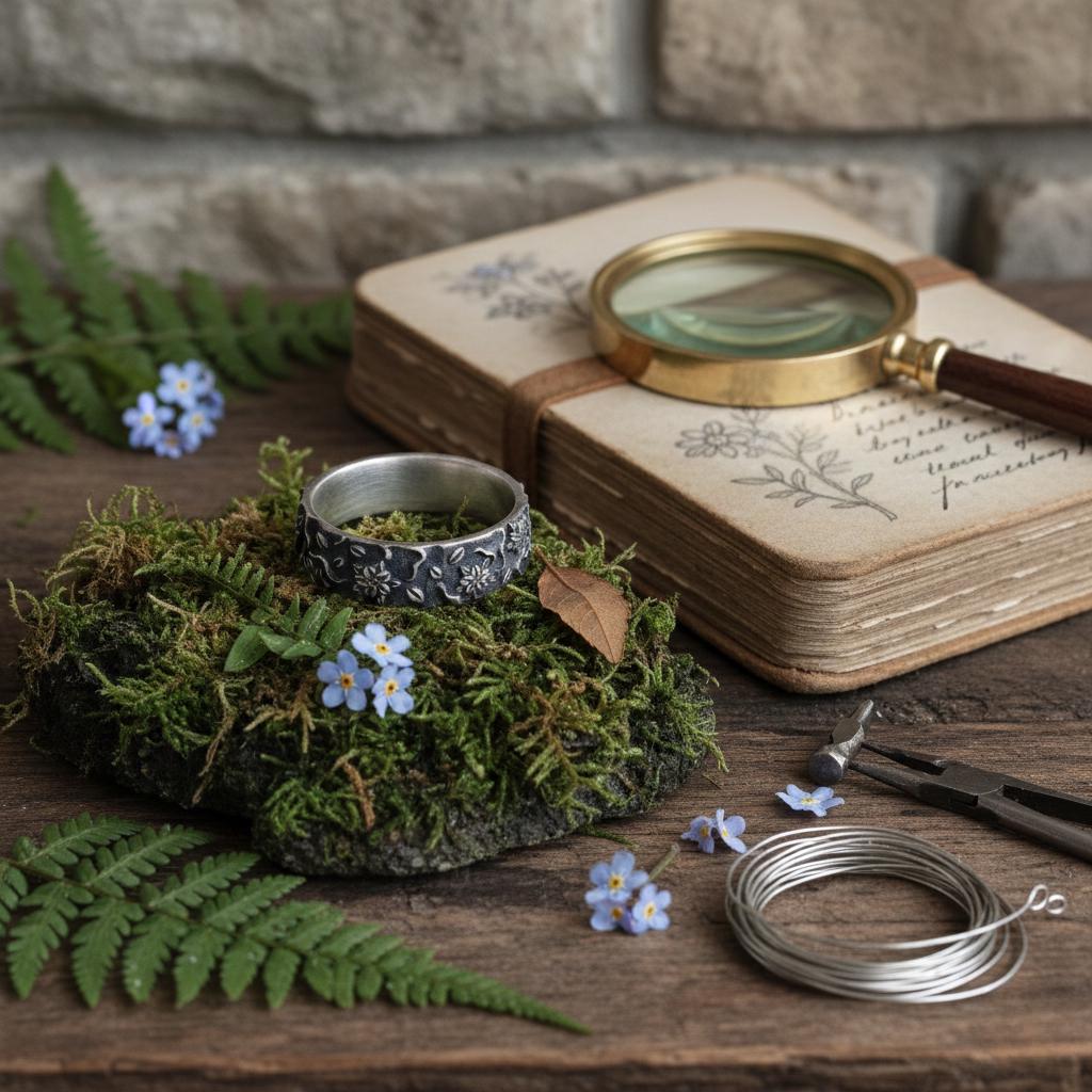 a ring, a magnifying glass, a notebook, a pair of pliers, and some blue flowers on a mossy rock.
