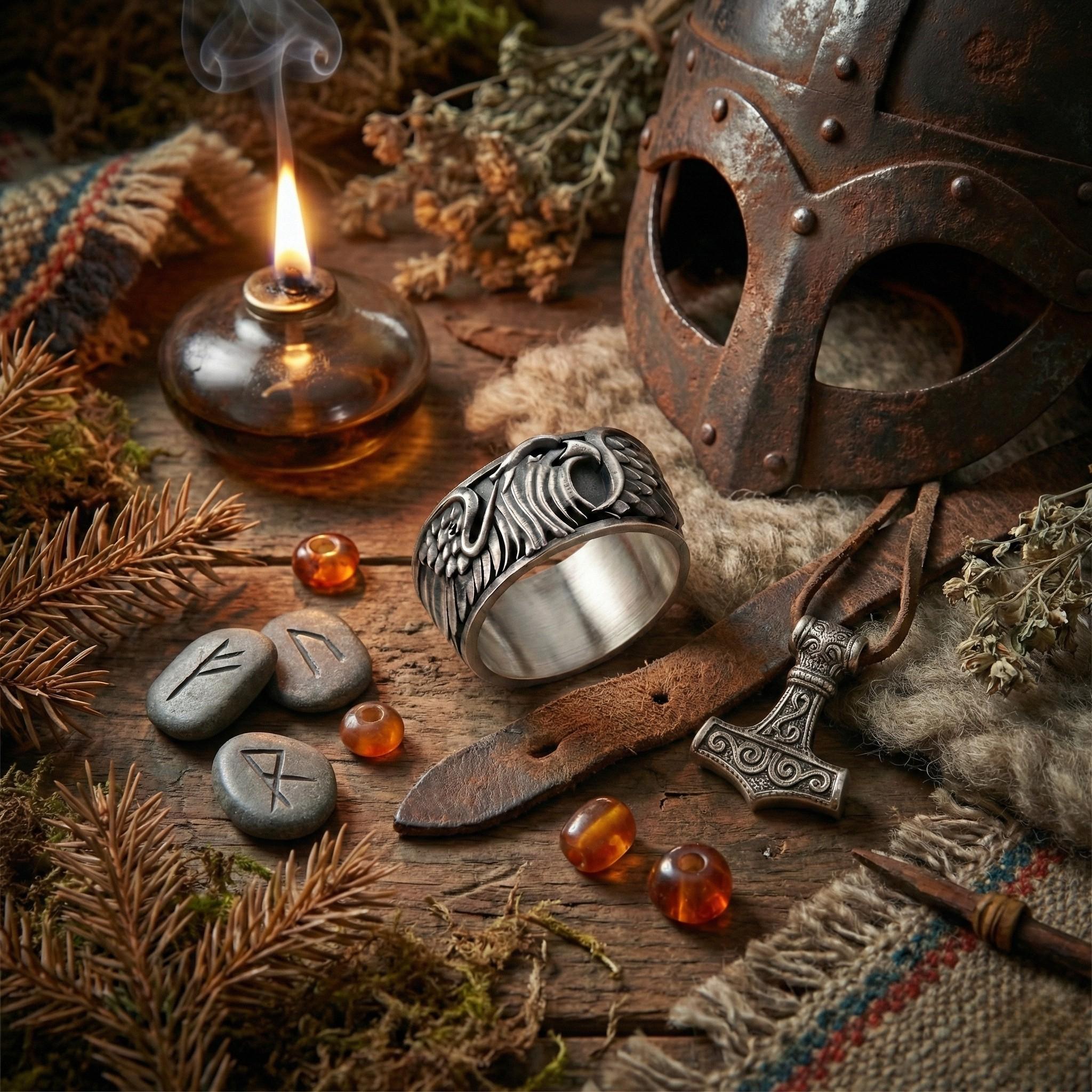 a collection of medieval-style objects, including a helmet, a ring, a torch, and various other items, all arranged on a wooden surface.