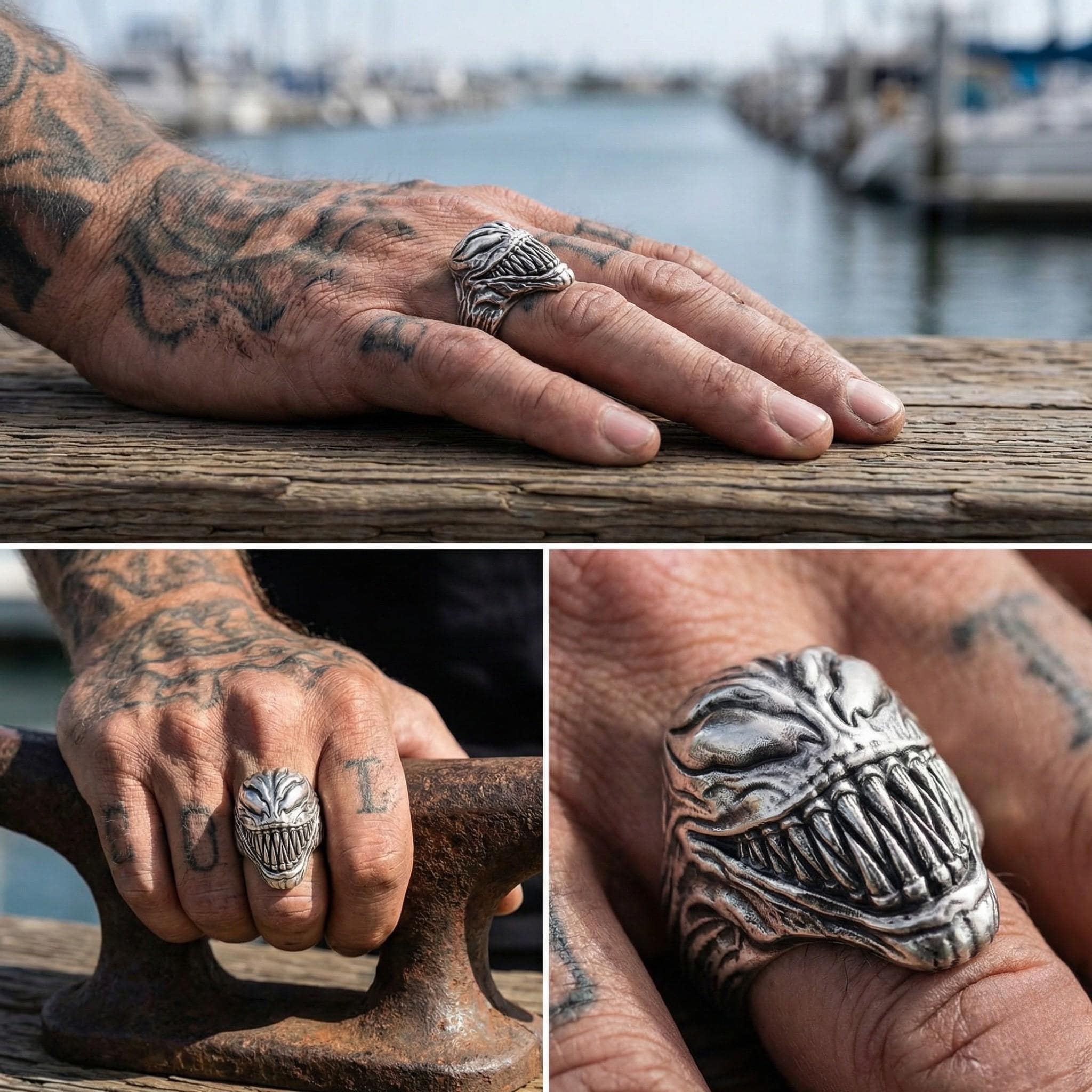 A close-up of a person's hand wearing a large, ornate ring with a menacing, monster-like face.