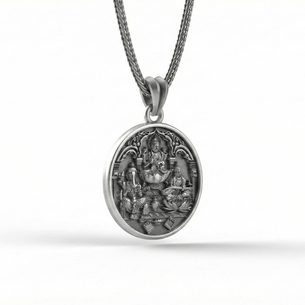 Lakshmi Ganesh Saraswati Kolyesi Oksitlenmiş Gümüş Hindu Takısı