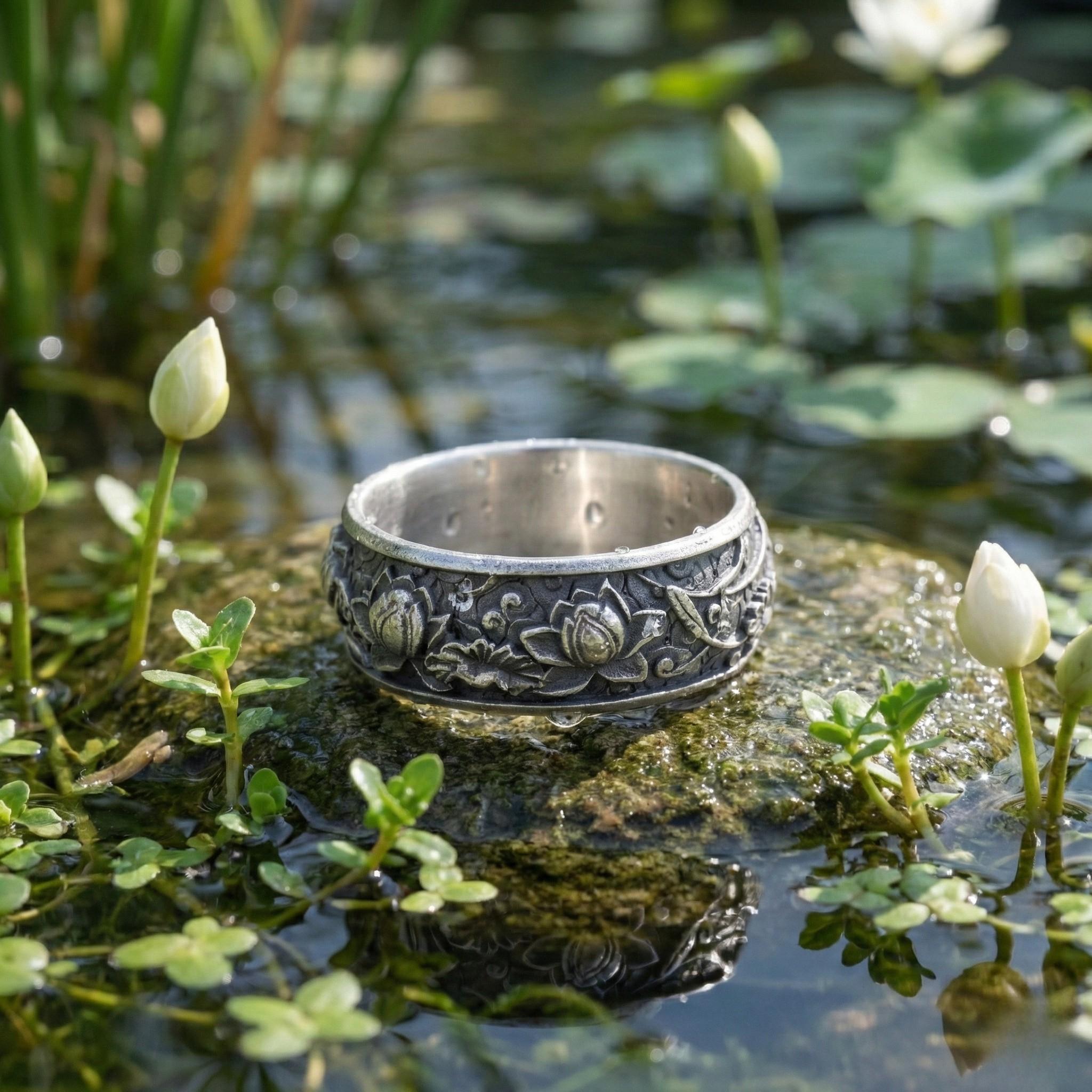 A silver ring with an intricate floral design sits on a mossy rock in a pond, surrounded by water lilies and other aquatic plants.