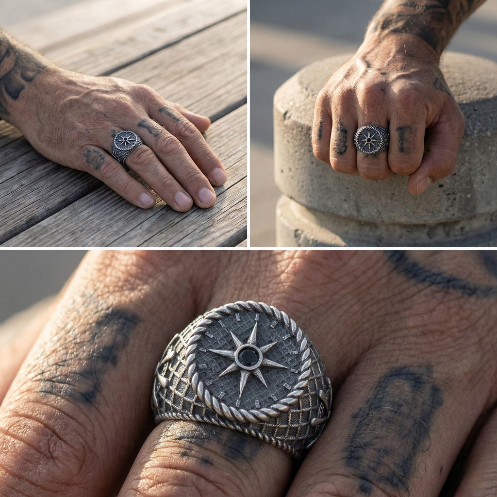 The image is a collage of three photos showing a person's hand wearing a silver ring with a compass design, and the person's tattoos on their fingers.