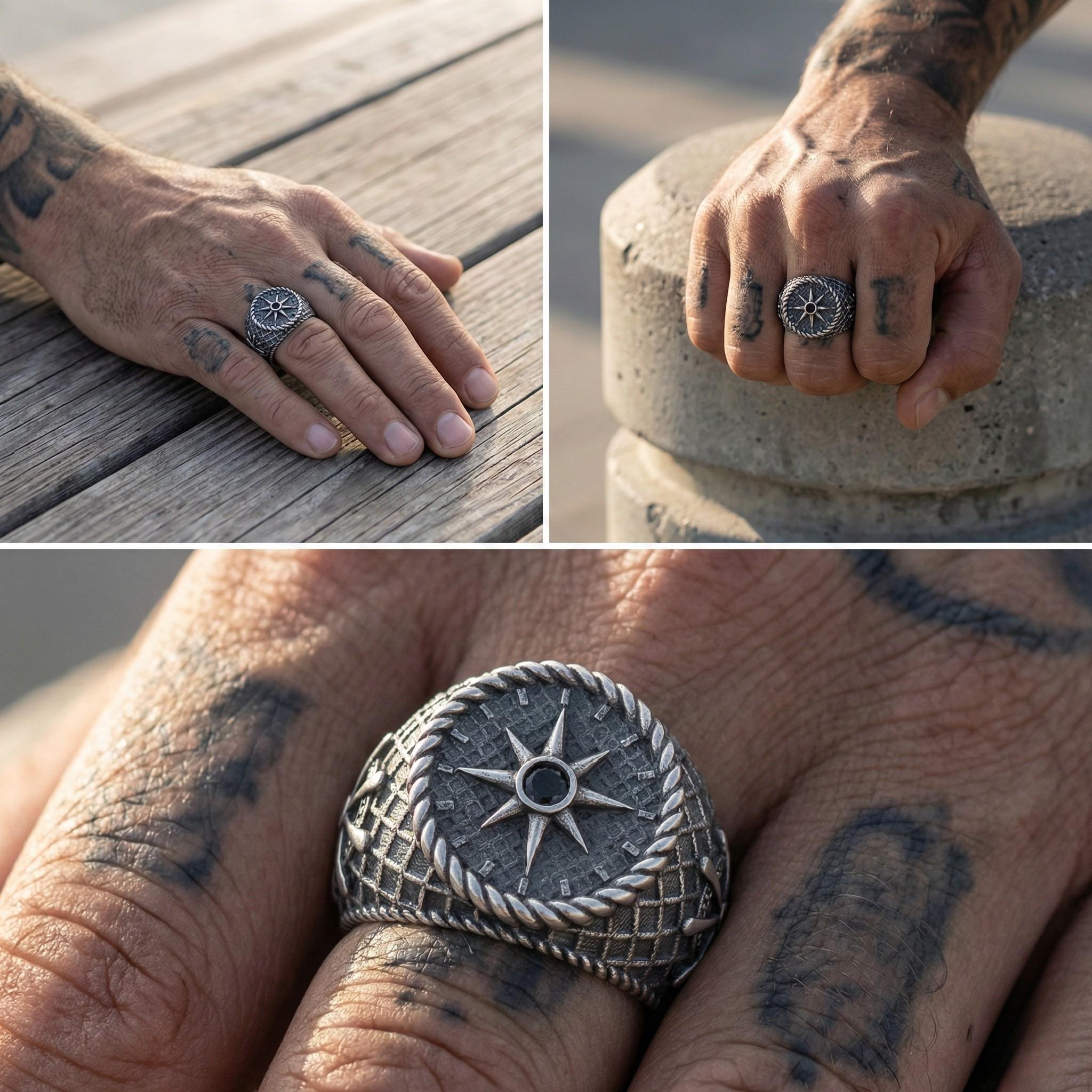 The image is a collage of three photos showing a person's hand wearing a silver ring with a compass design, and the person's tattoos on their fingers.
