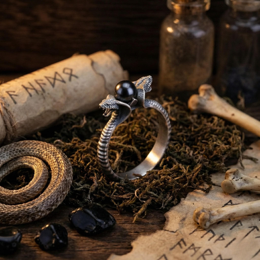 a silver ring with a black gemstone, surrounded by various objects such as a snake, bones, and a scroll with text on it.