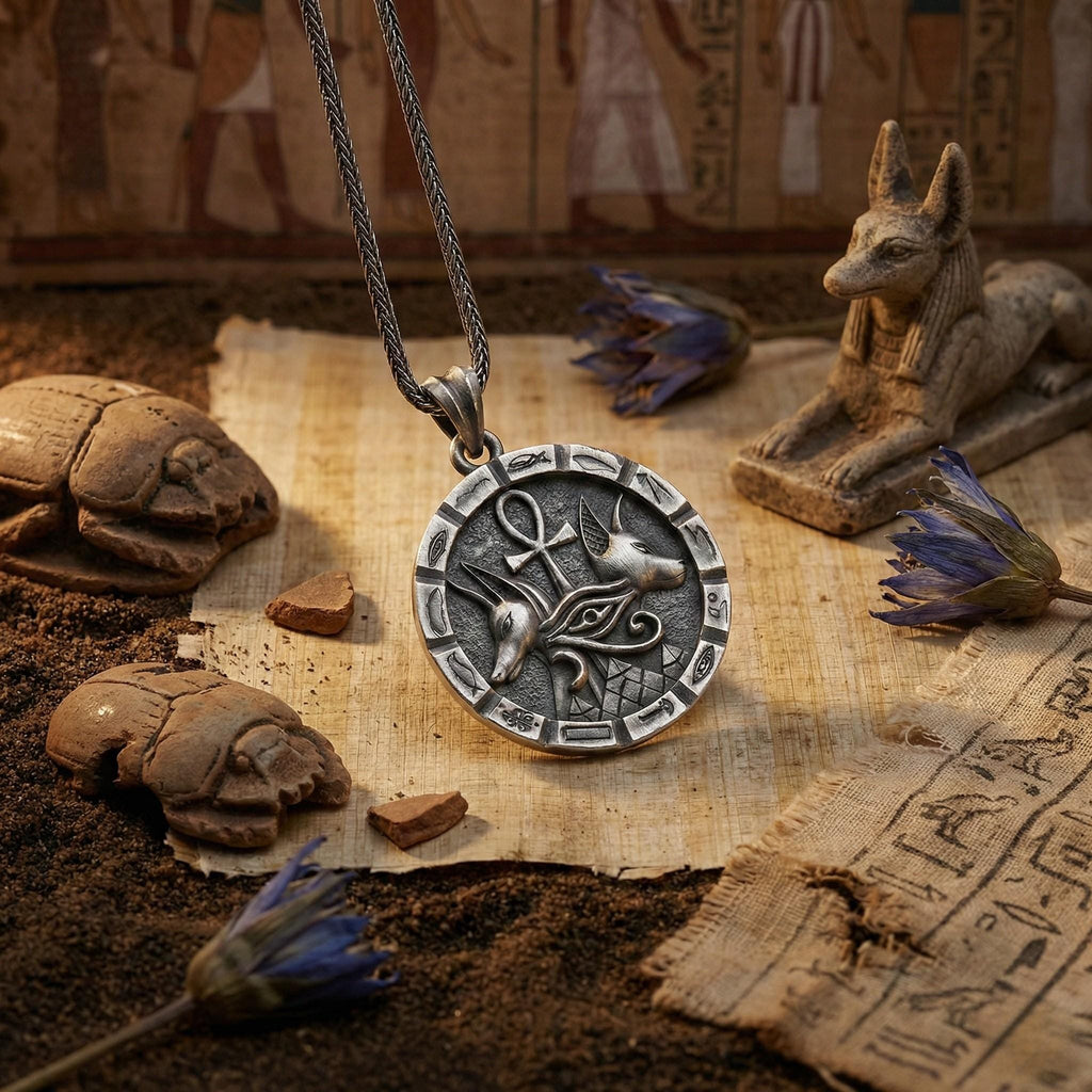 Antik Gümüş Anubis Ankh Horus'un Gözü Kolye Mısır Titolojisi Takı