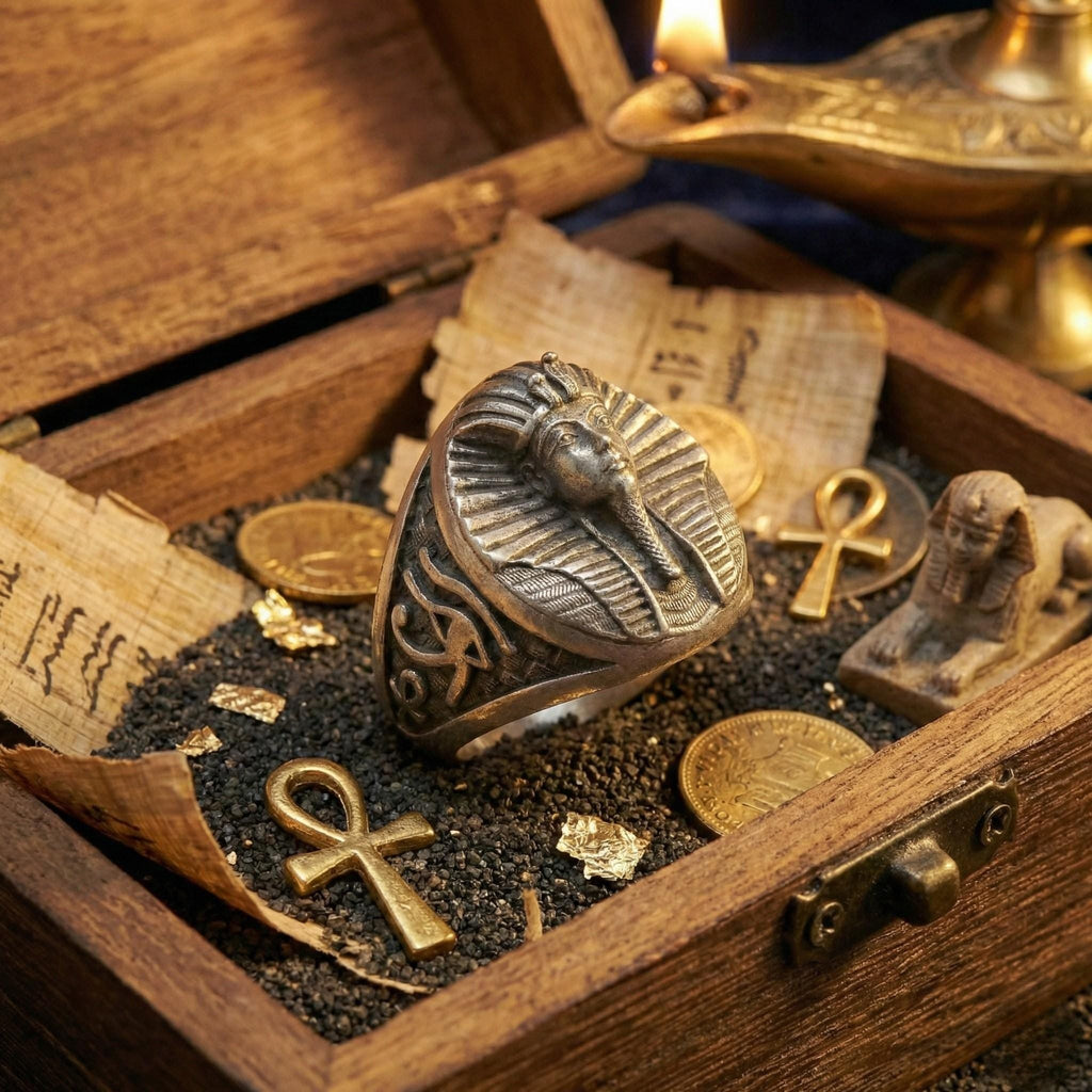 Antik Mısır Firavun Temalı Oksitlenmiş Gümüş Yüzük