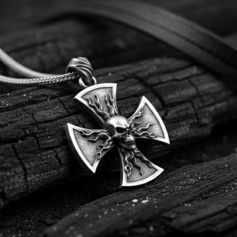 Oksitlenmiş Gümüş Kafatası Haç Kolye Gotik Alev Desenli Gösterişli Takı