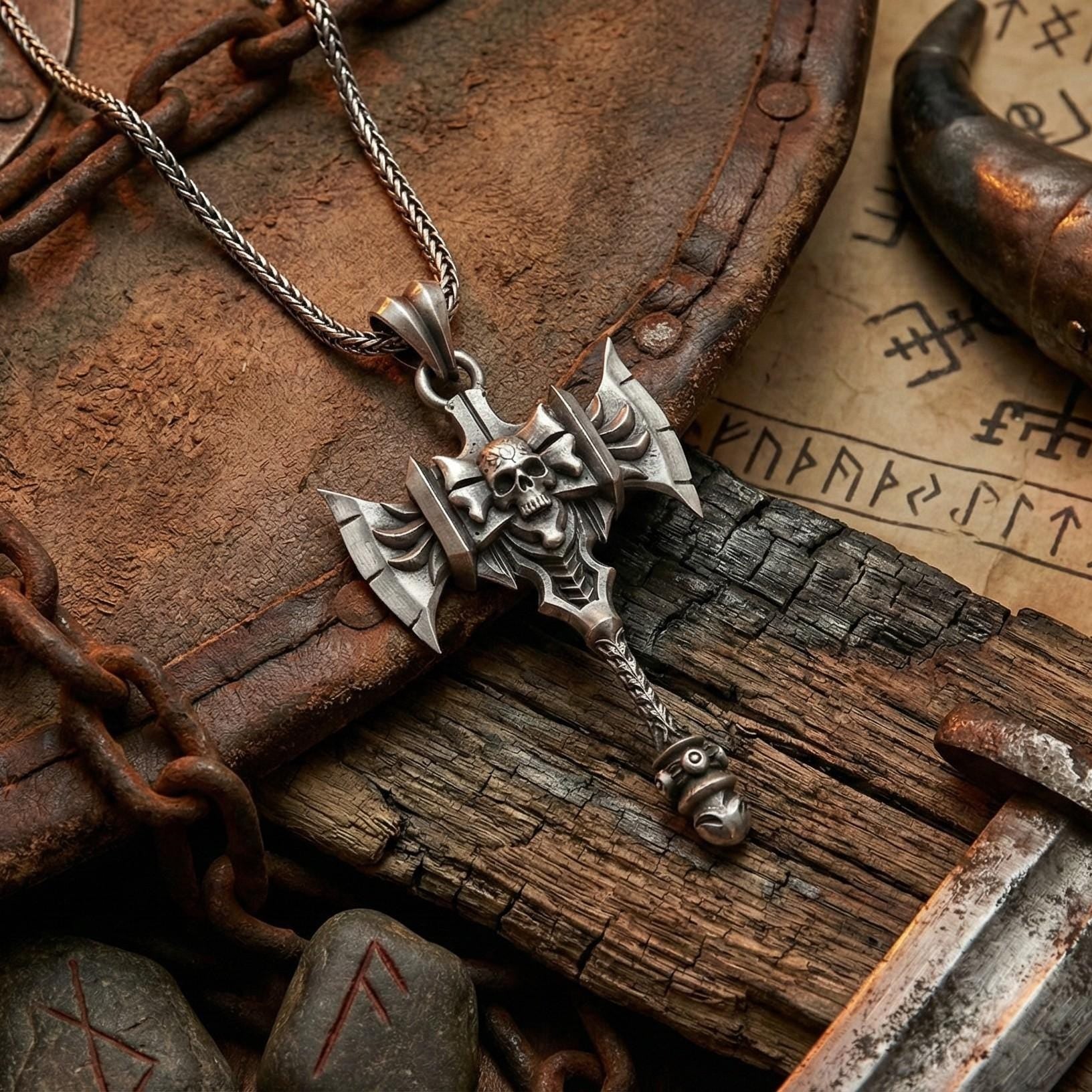 Savaş Baltası Kolye Ucu Oksitlenmiş Gümüş Kafatası Savaşçı Temalı Takı