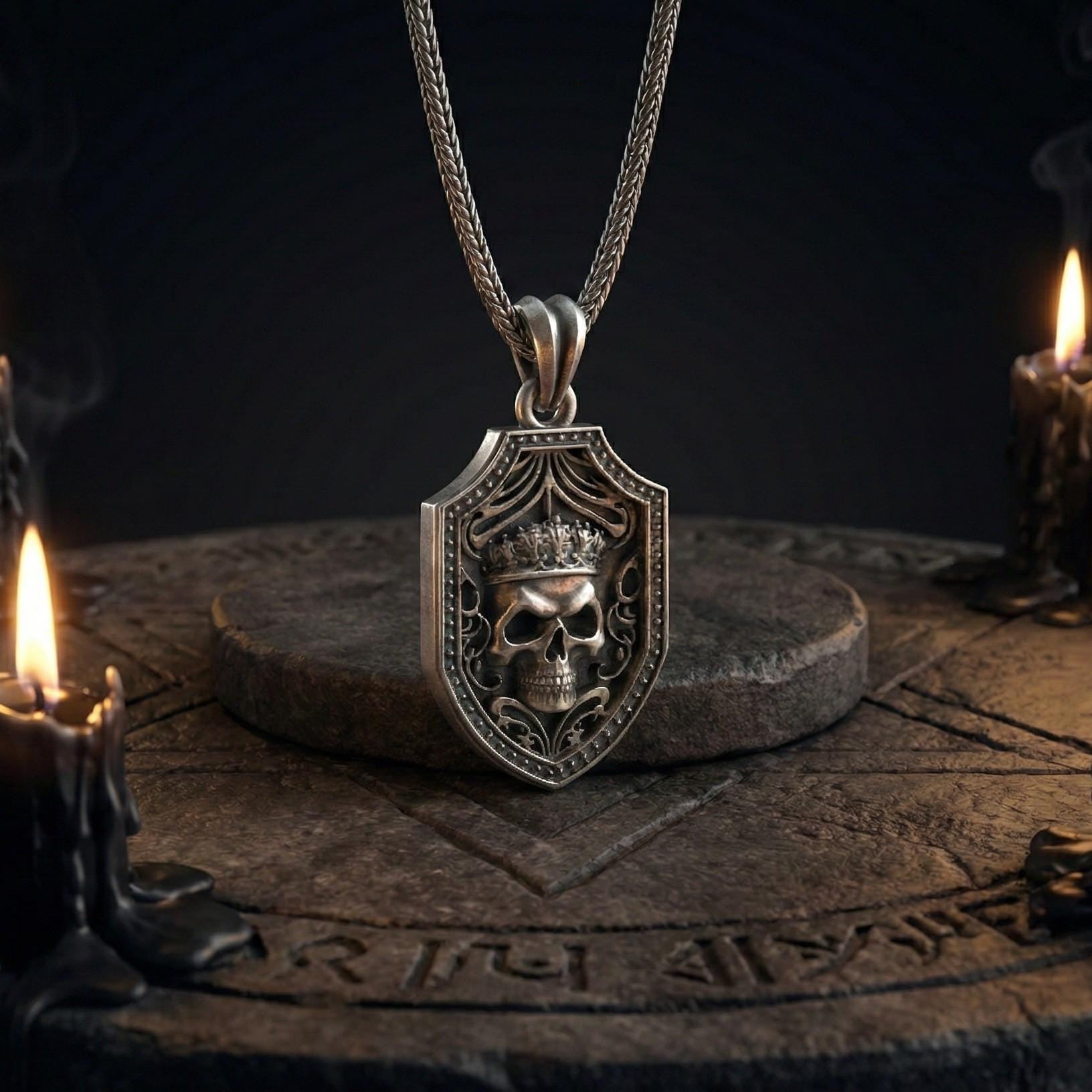 Taçlı Kafatası Oksitlenmiş Gümüş Kolye