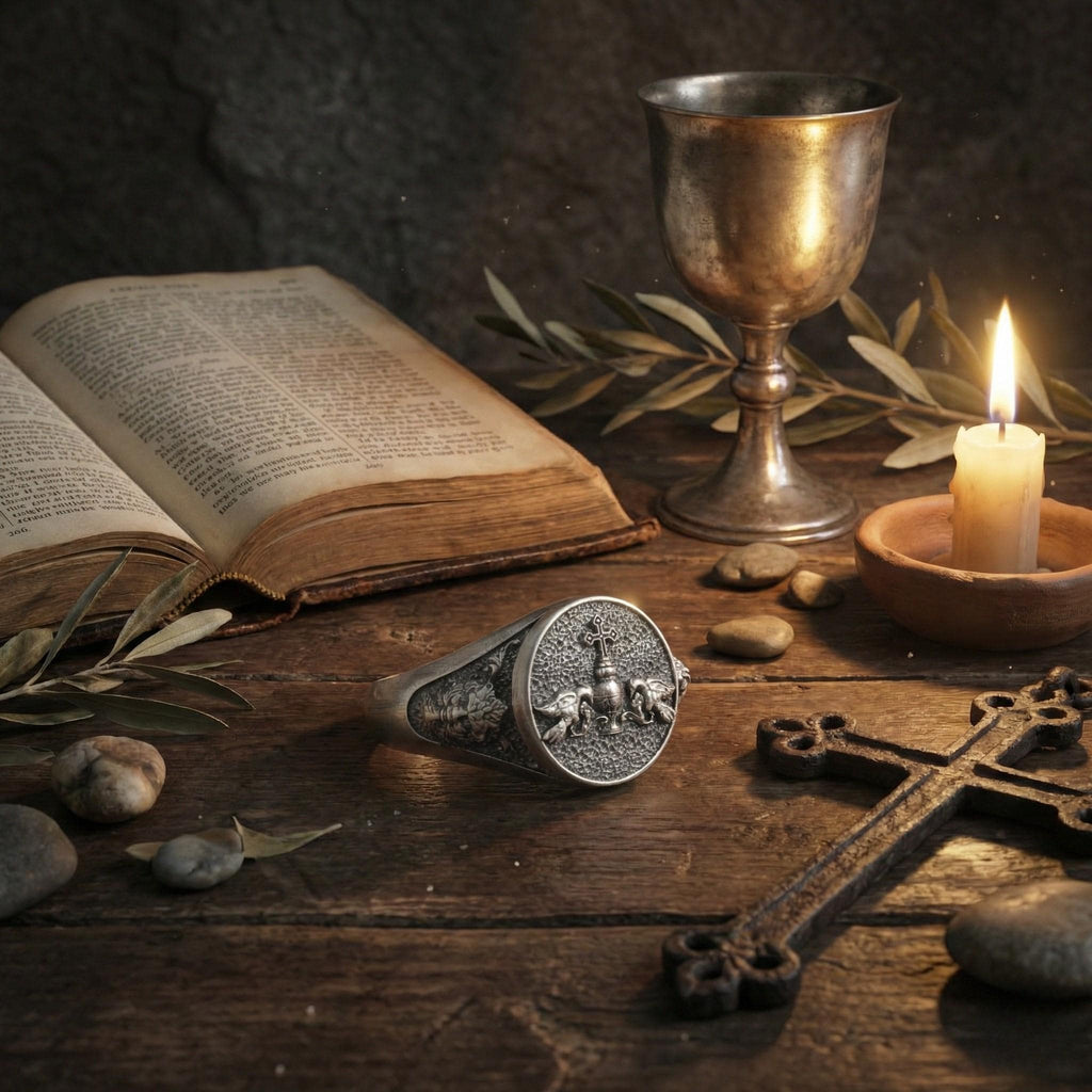 a ring with a lion design, an open book, a candle, a cross, and some rocks on a wooden surface.